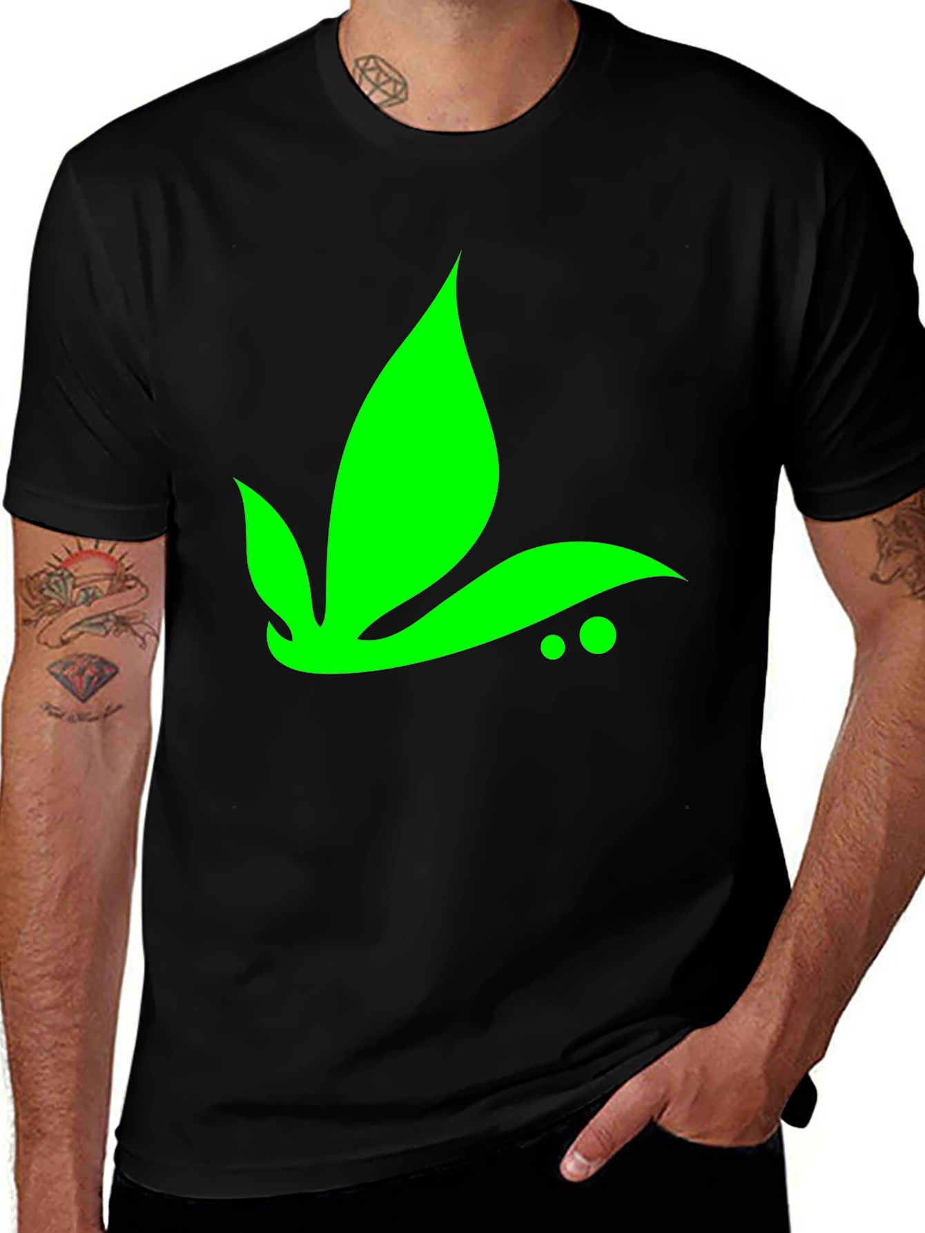 Green Leaf Graphic Tee - Black Casual T-Shirt