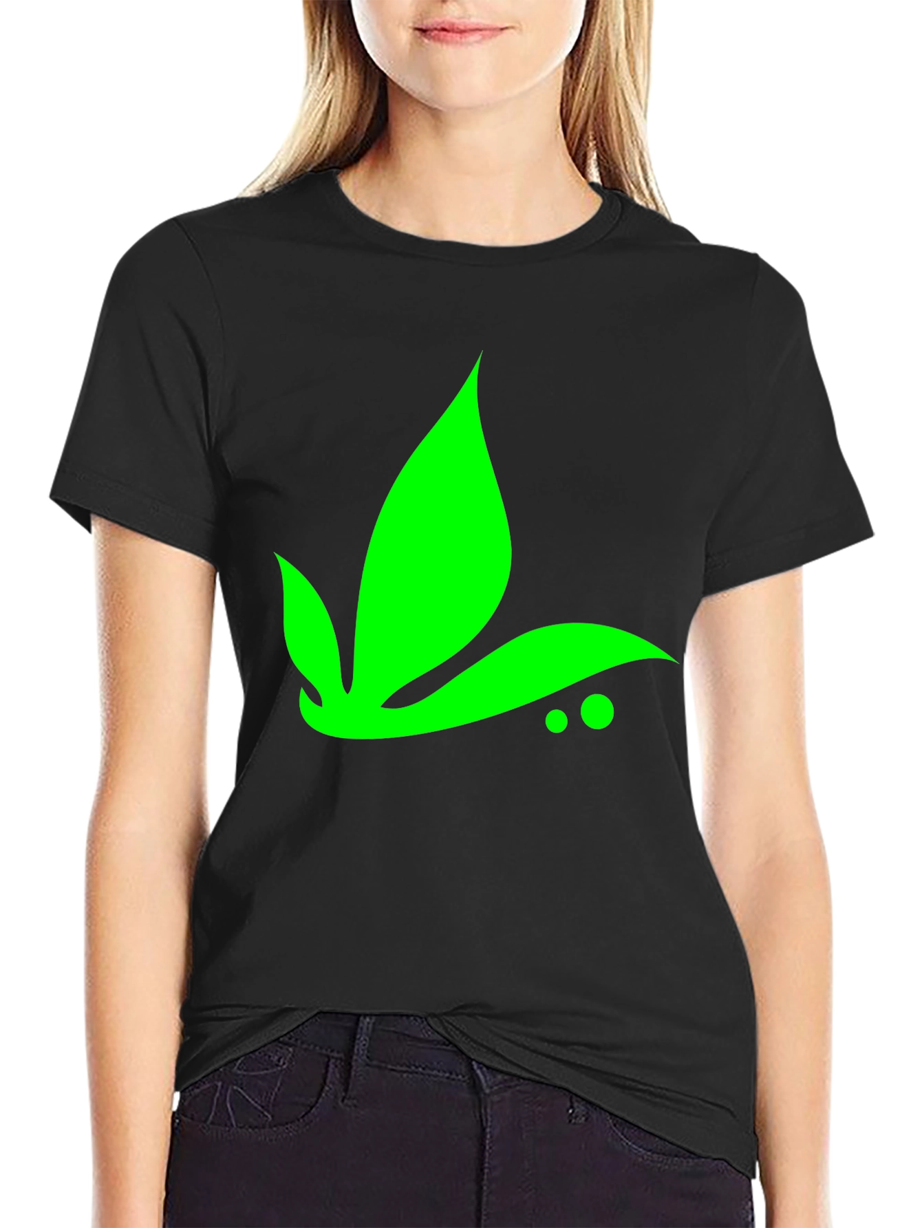 Green Leaf Graphic Tee - Black Casual T-Shirt
