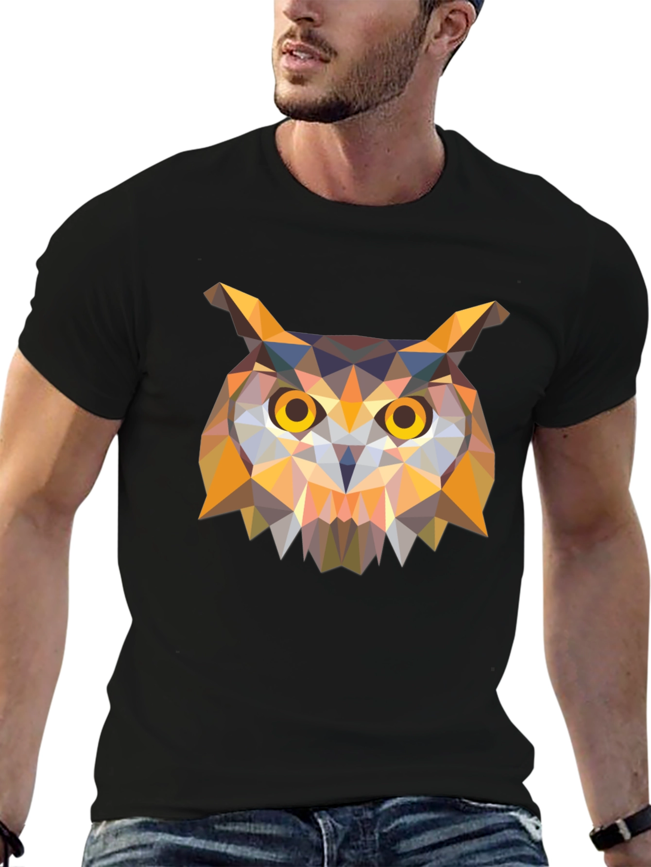 Geometric Owl Graphic Tee - Stylish Mens Black T-Shirt