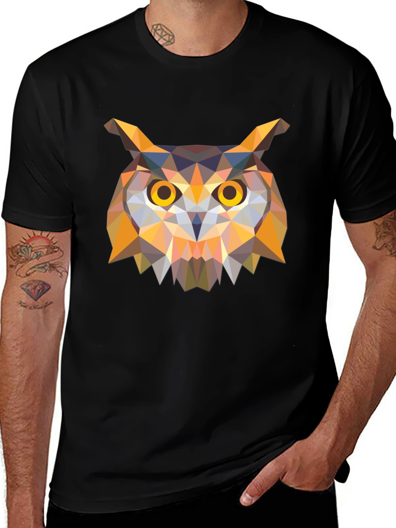 Geometric Owl Graphic Tee - Stylish Mens Black T-Shirt