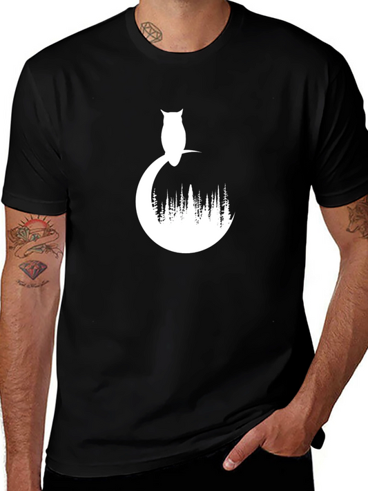 Owl & Forest Graphic Tee - Stylish Black T-Shirt