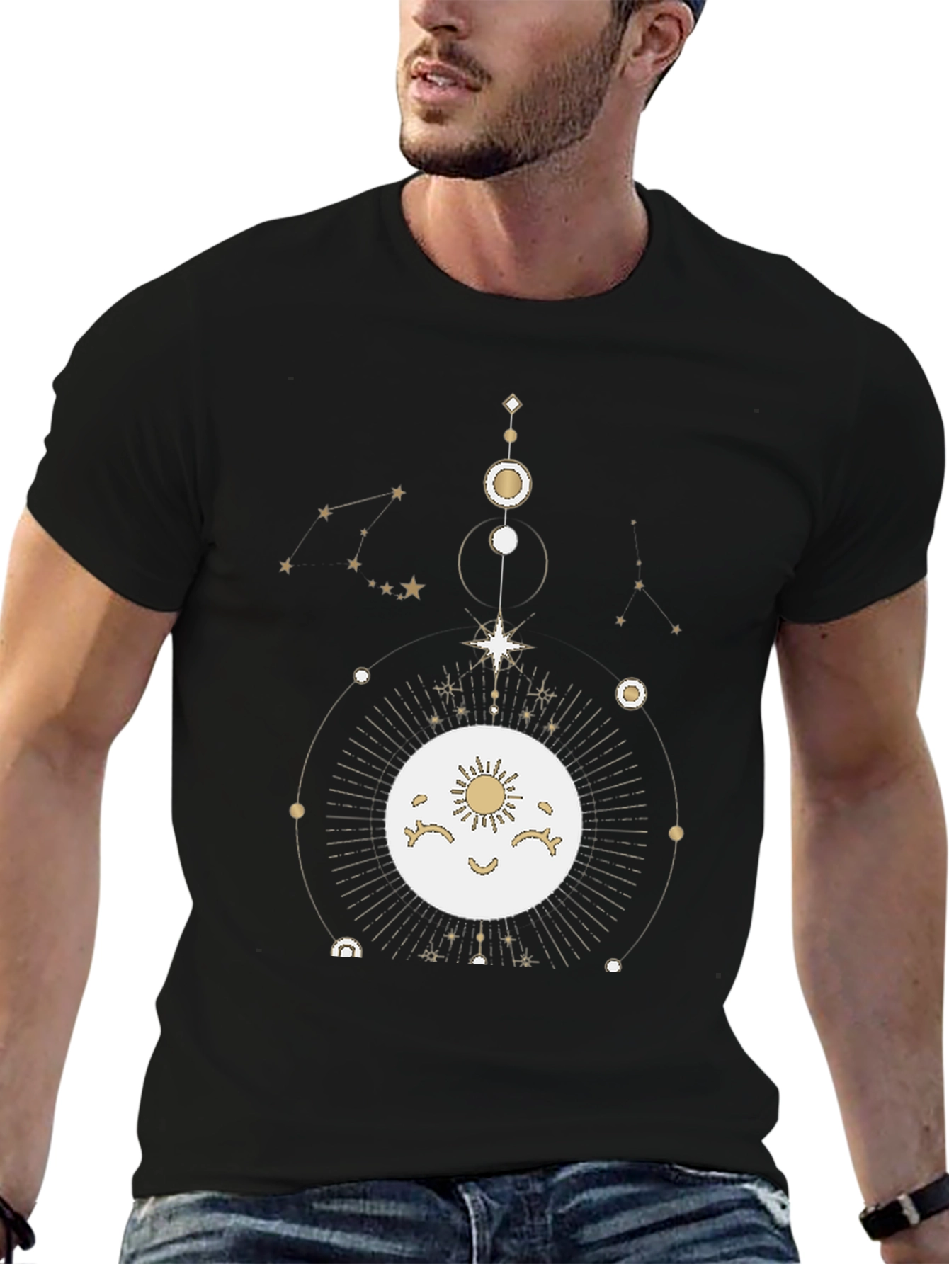 Celestial Moon & Stars Graphic Tee - Black