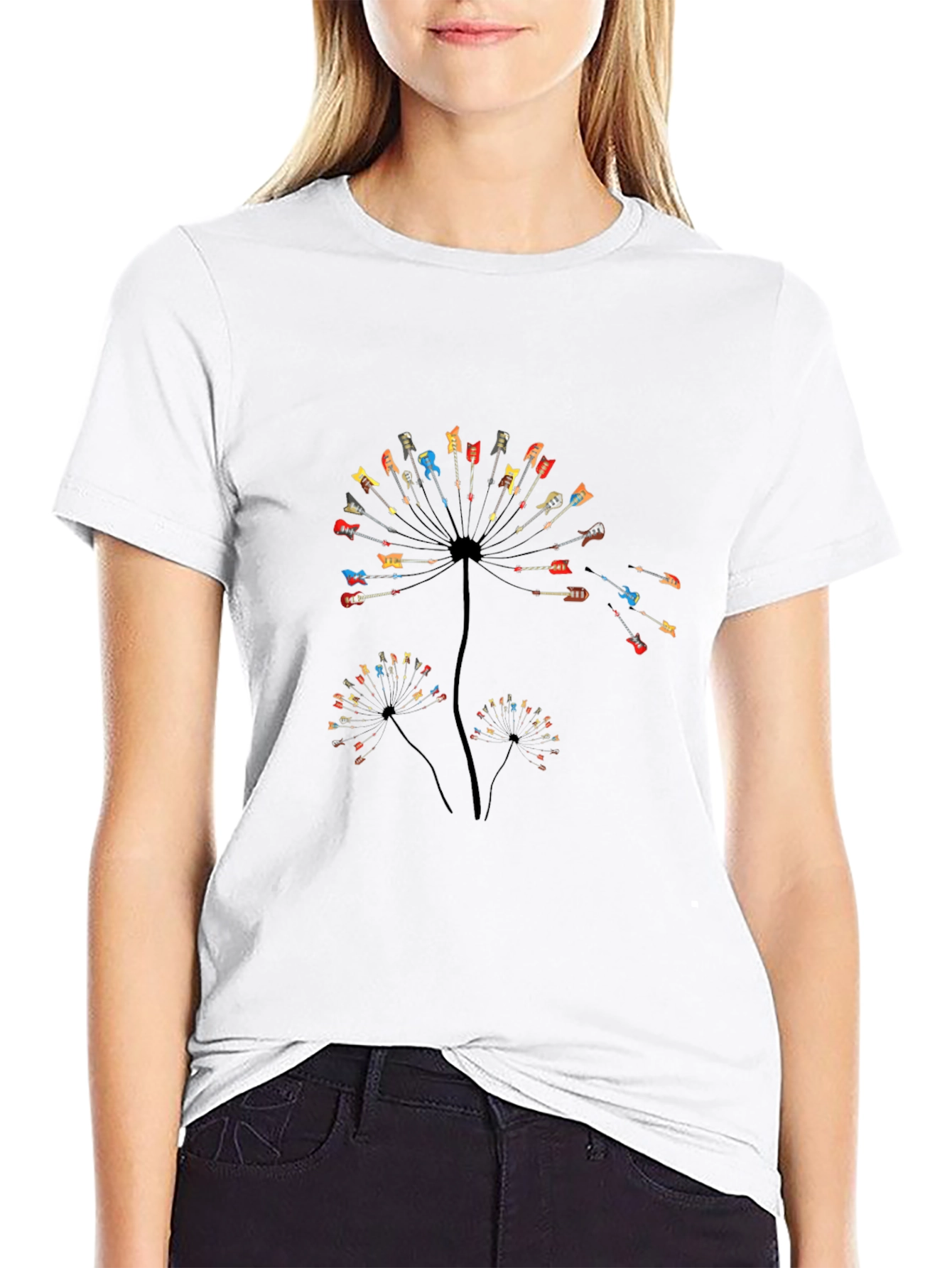 Guitar Dandelion Graphic Tee - Black Cotton Casual Shirt