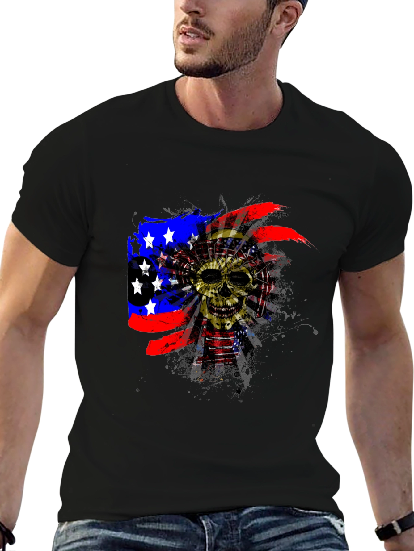 Skull American Flag Mens Black T-Shirt
