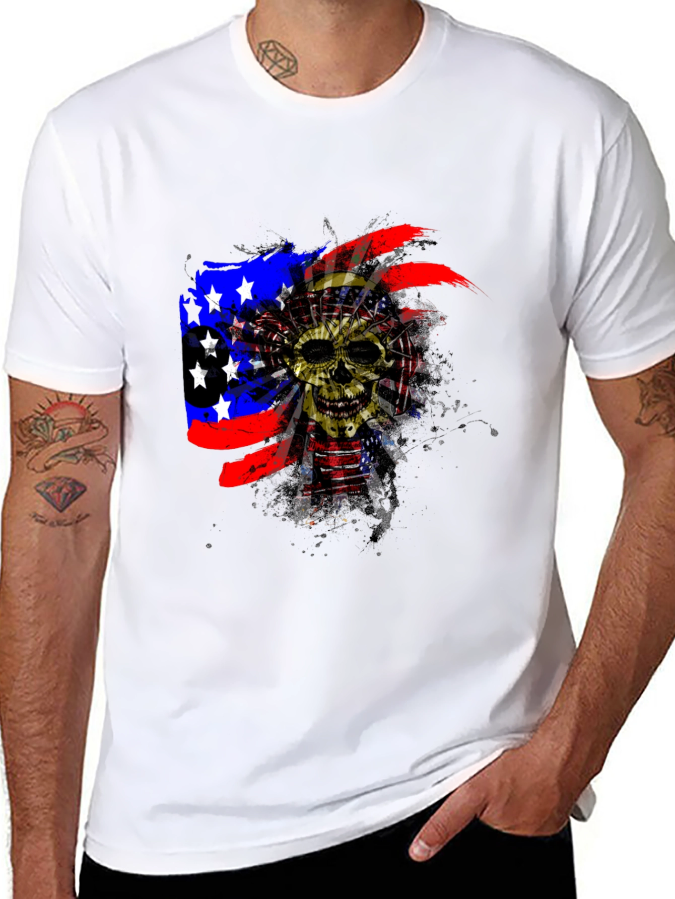 Skull American Flag Mens Black T-Shirt