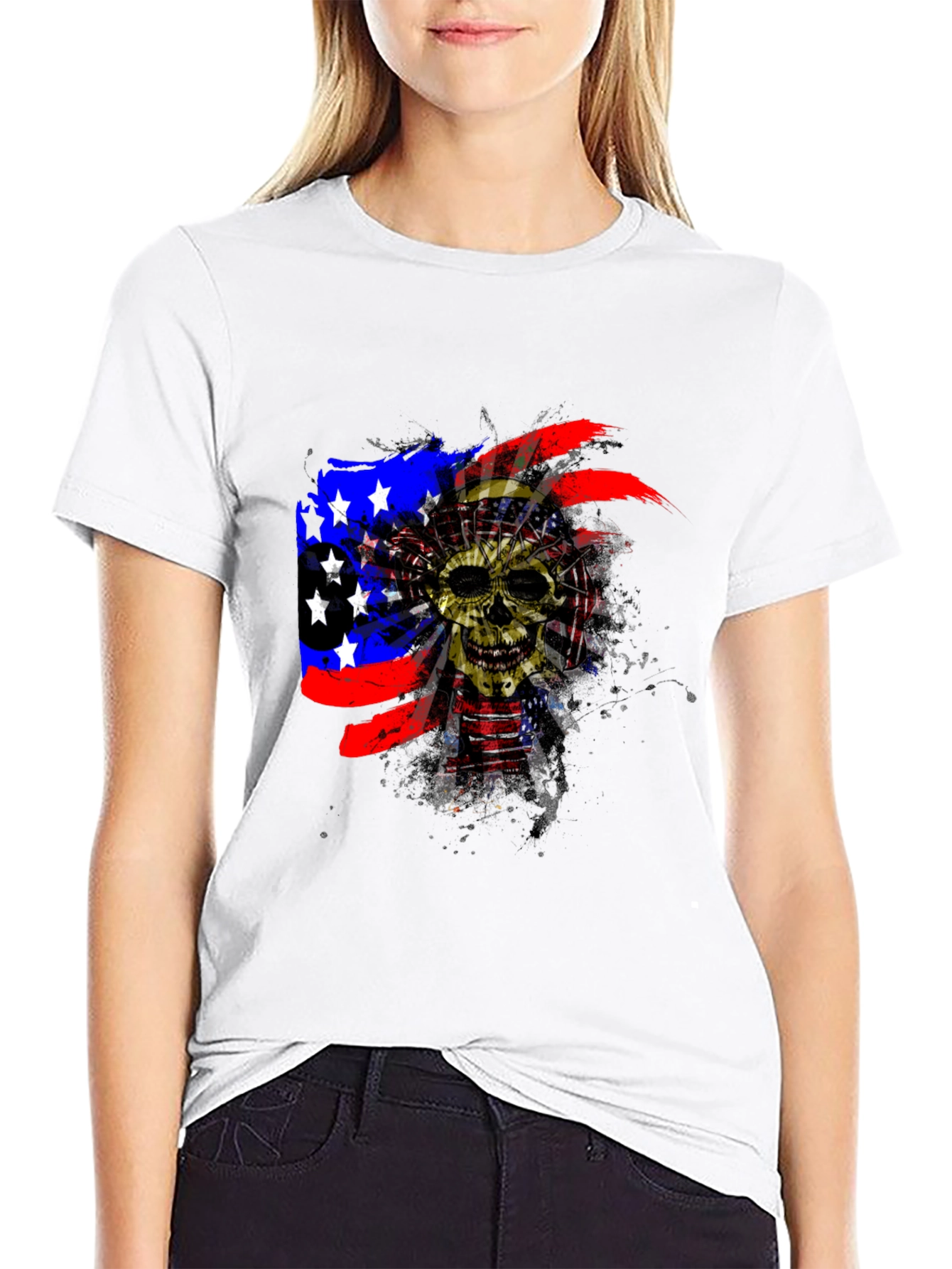 Skull American Flag Mens Black T-Shirt