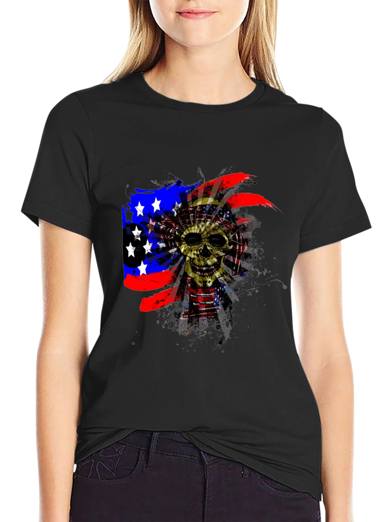 Skull American Flag Mens Black T-Shirt
