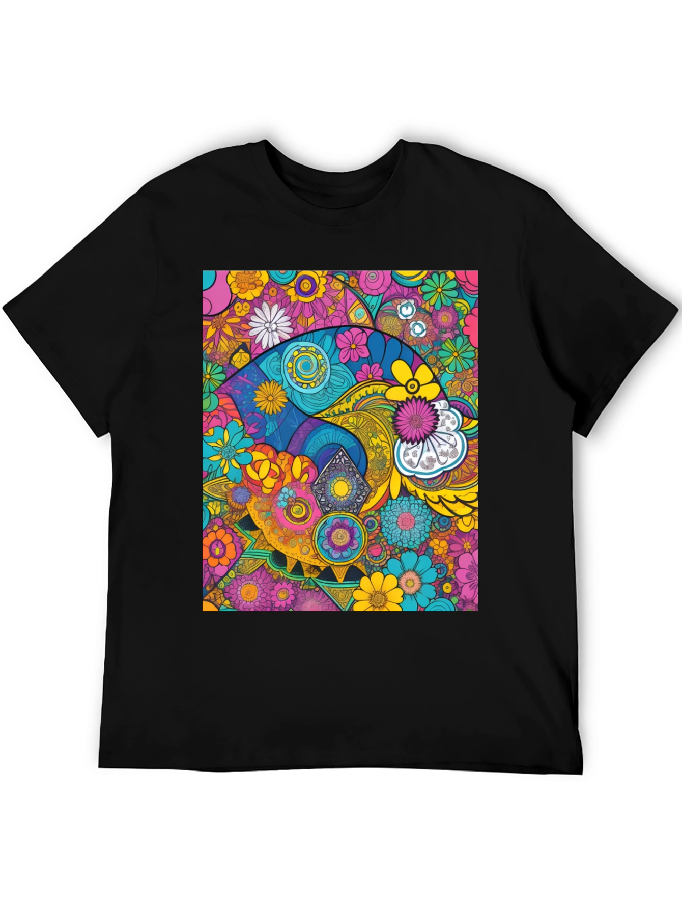 Psychedelic Floral Print Black T-Shirt