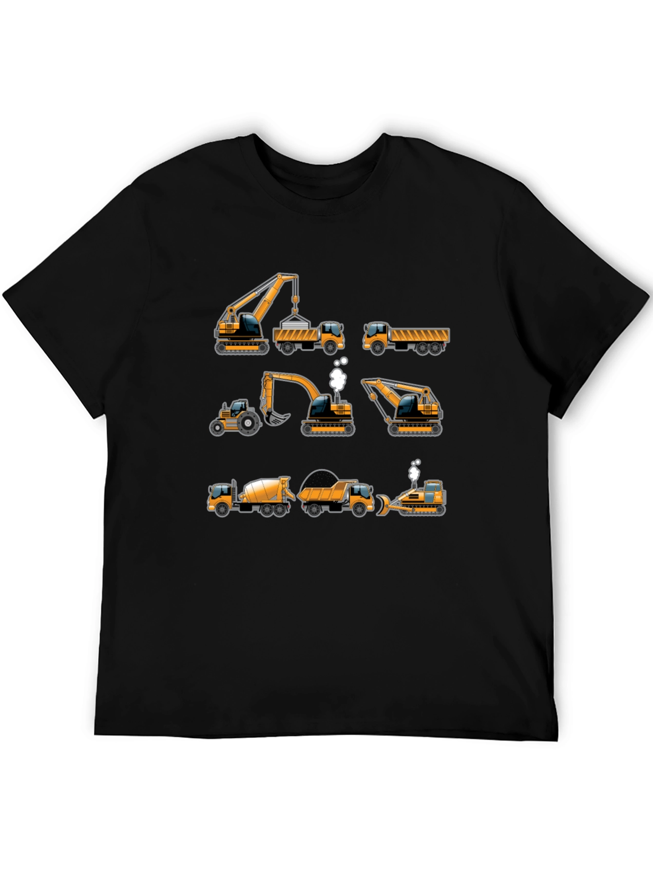 Construction Vehicles Graphic Tee - Black Cotton T-Shirt