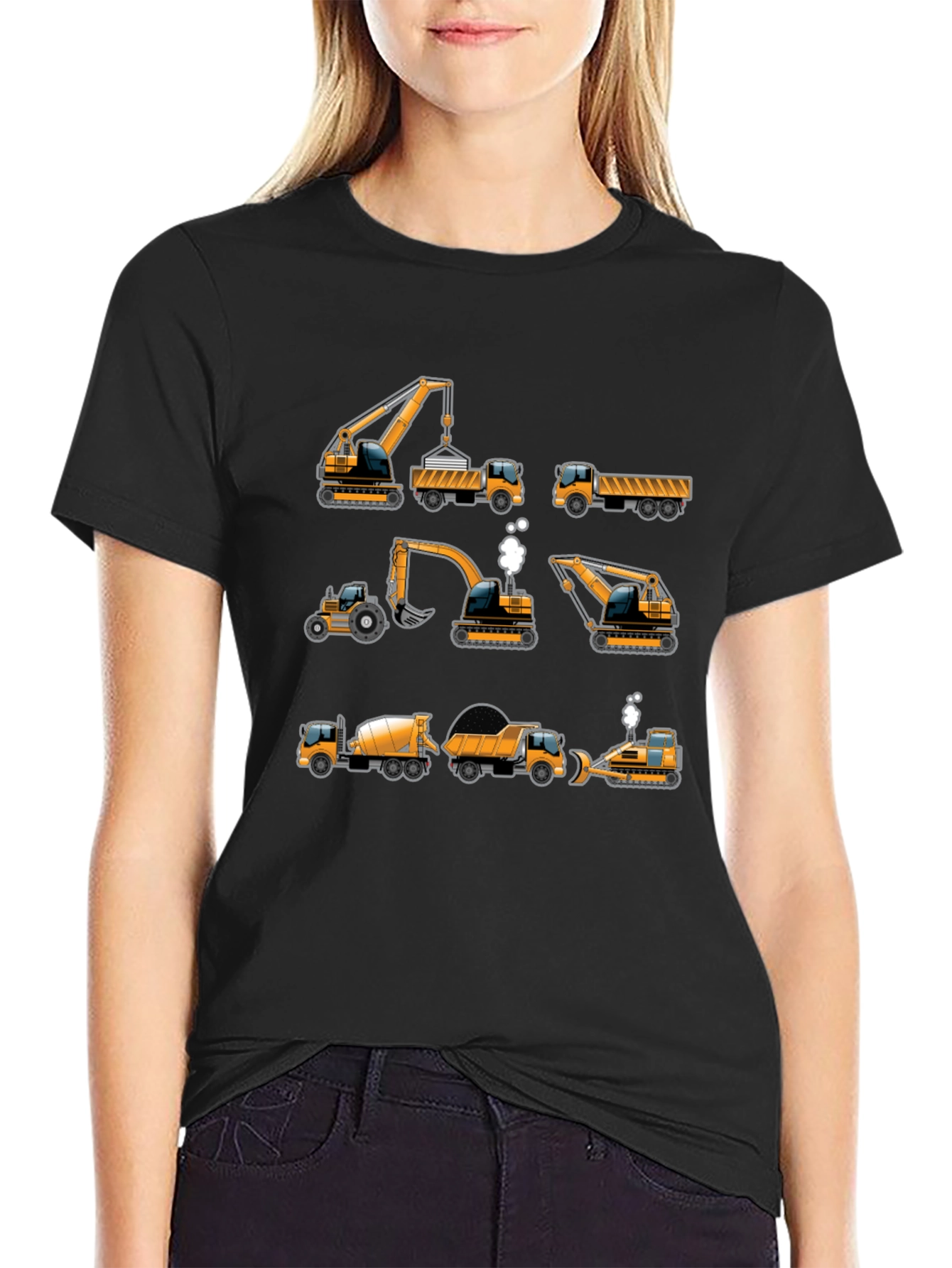 Construction Vehicles Graphic Tee - Black Cotton T-Shirt