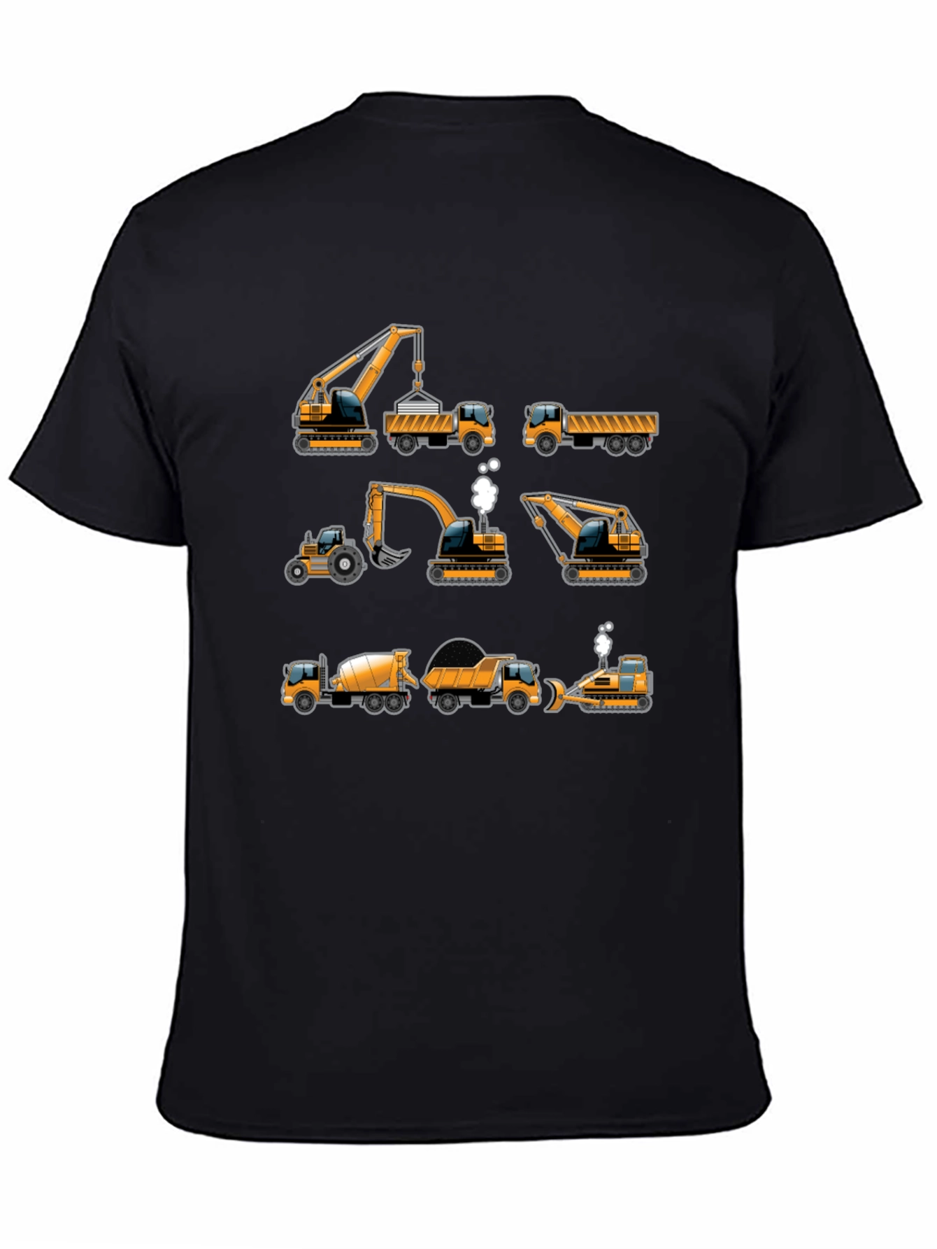 Construction Vehicles Graphic Tee - Black Cotton T-Shirt