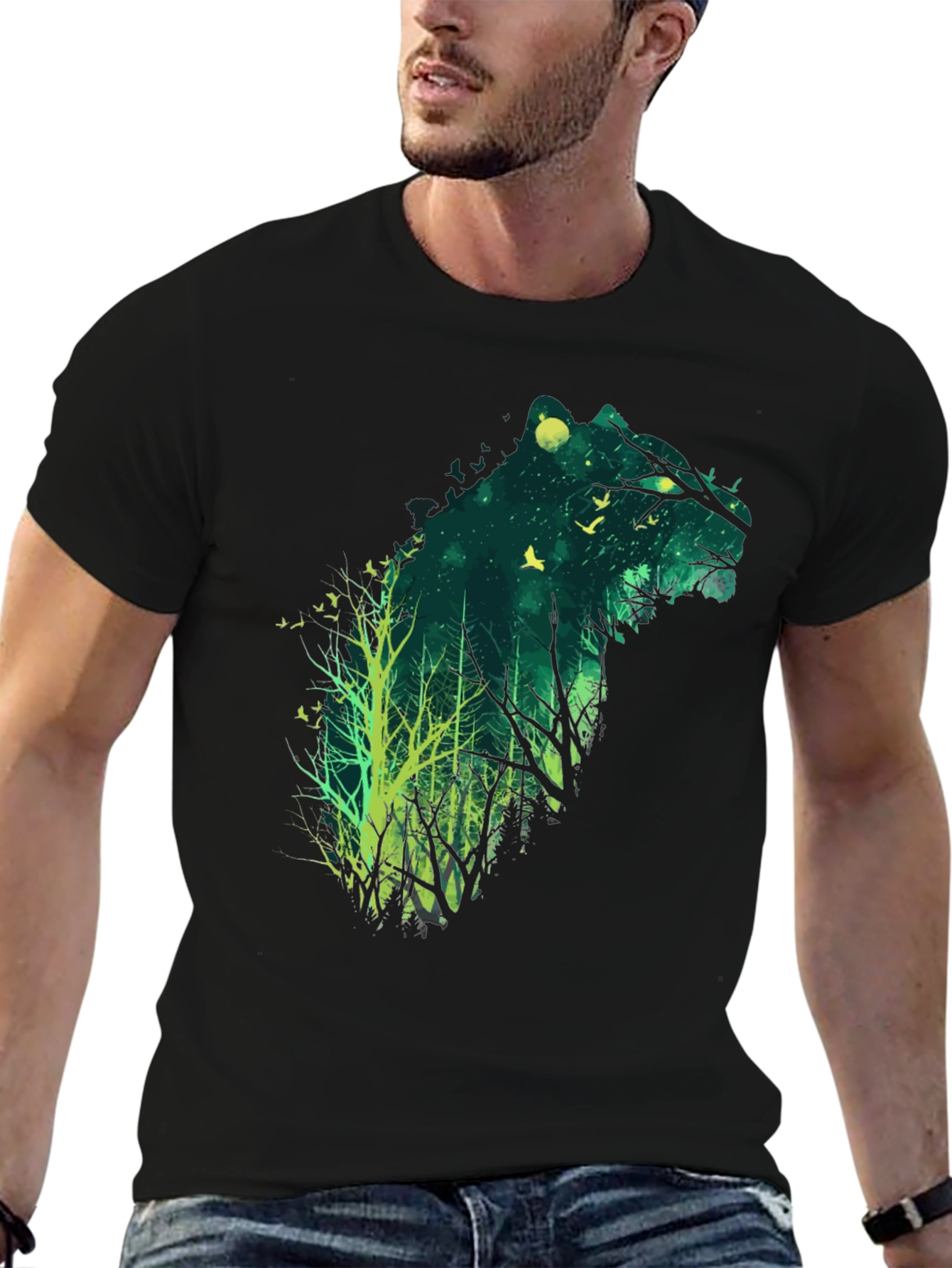 Nature Bear Graphic Tee - Mens Black Cotton T-Shirt