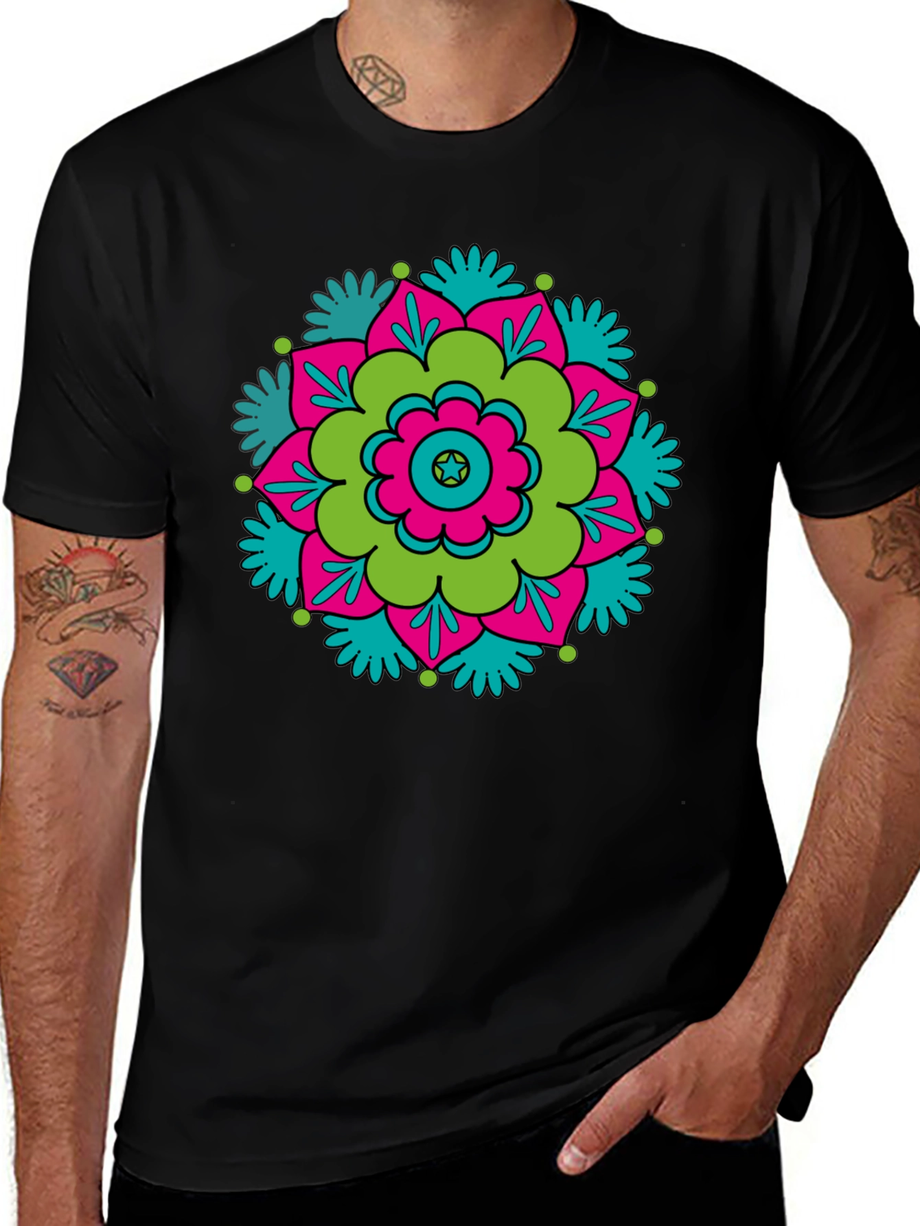 Black T-Shirt with Retro Flower Mandala Design