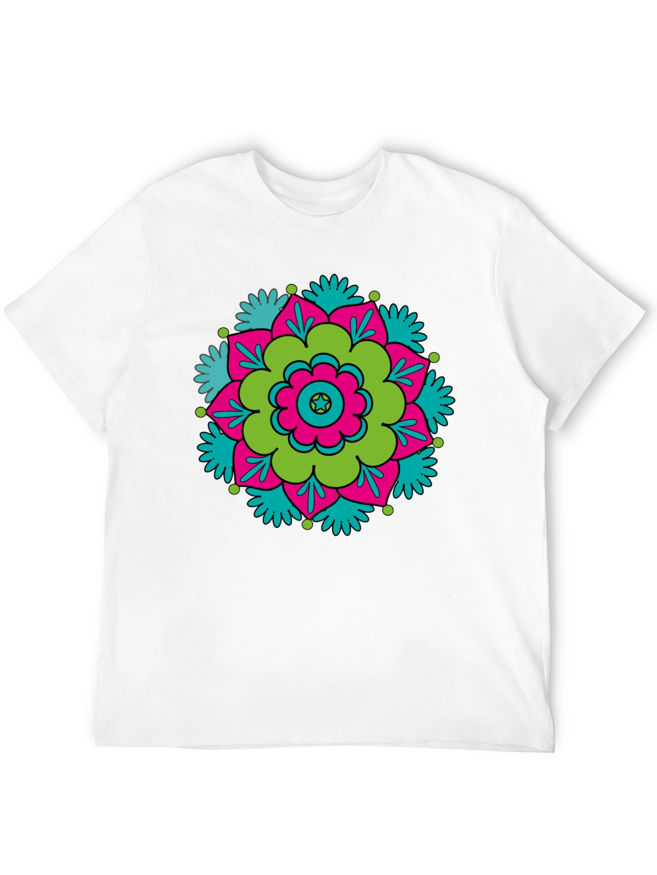 Black T-Shirt with Retro Flower Mandala Design