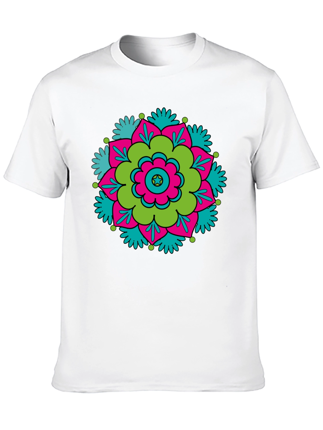 Black T-Shirt with Retro Flower Mandala Design