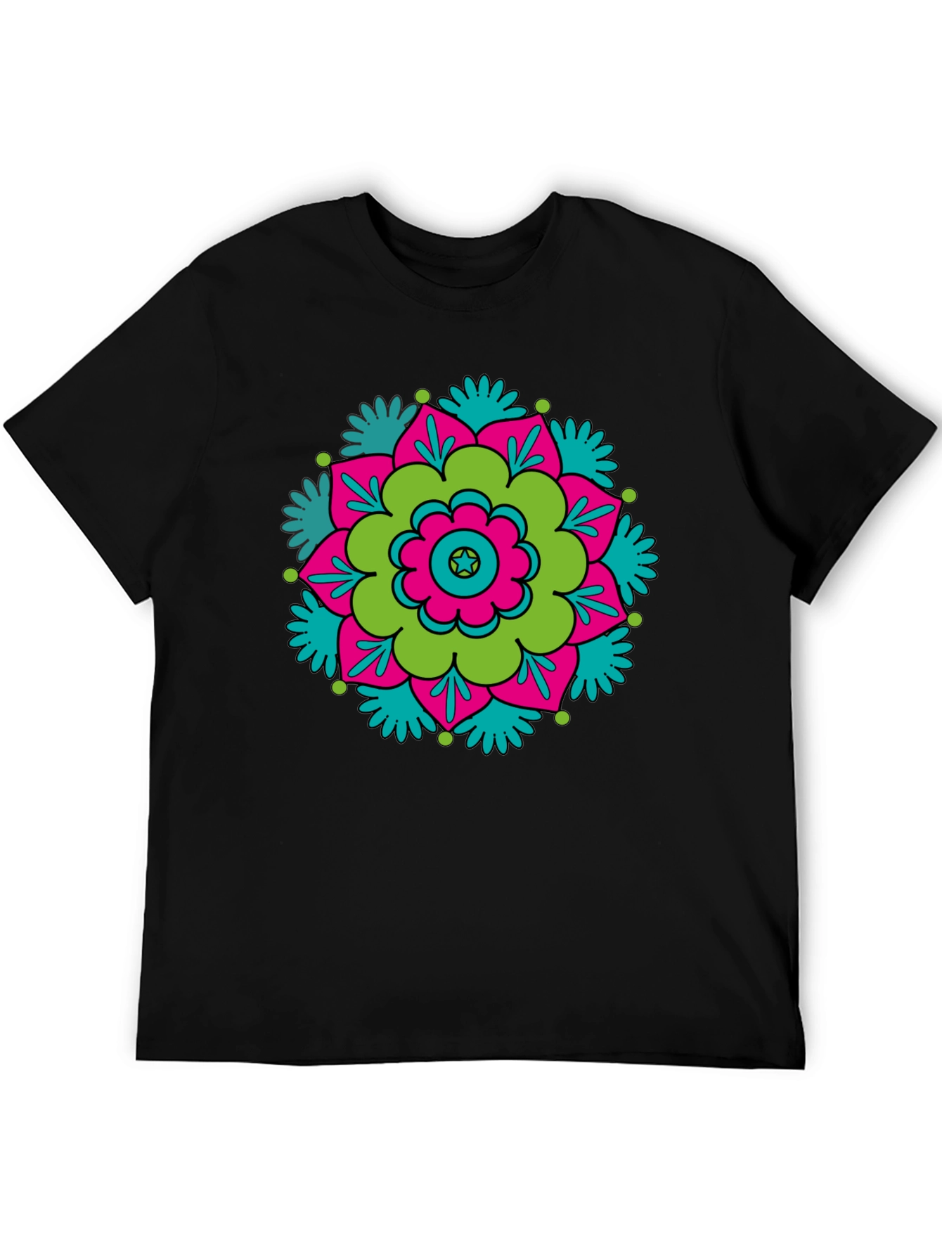 Black T-Shirt with Retro Flower Mandala Design