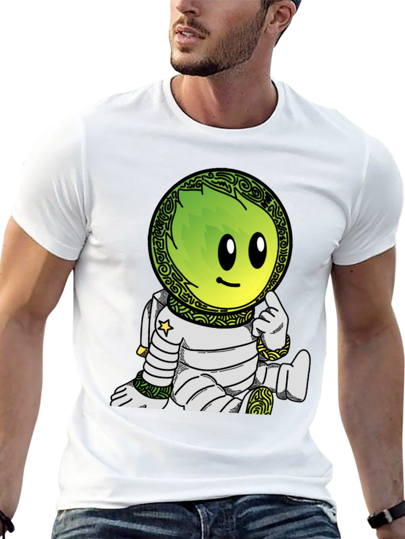 Astronaut Cartoon Graphic Print T-Shirt - Black