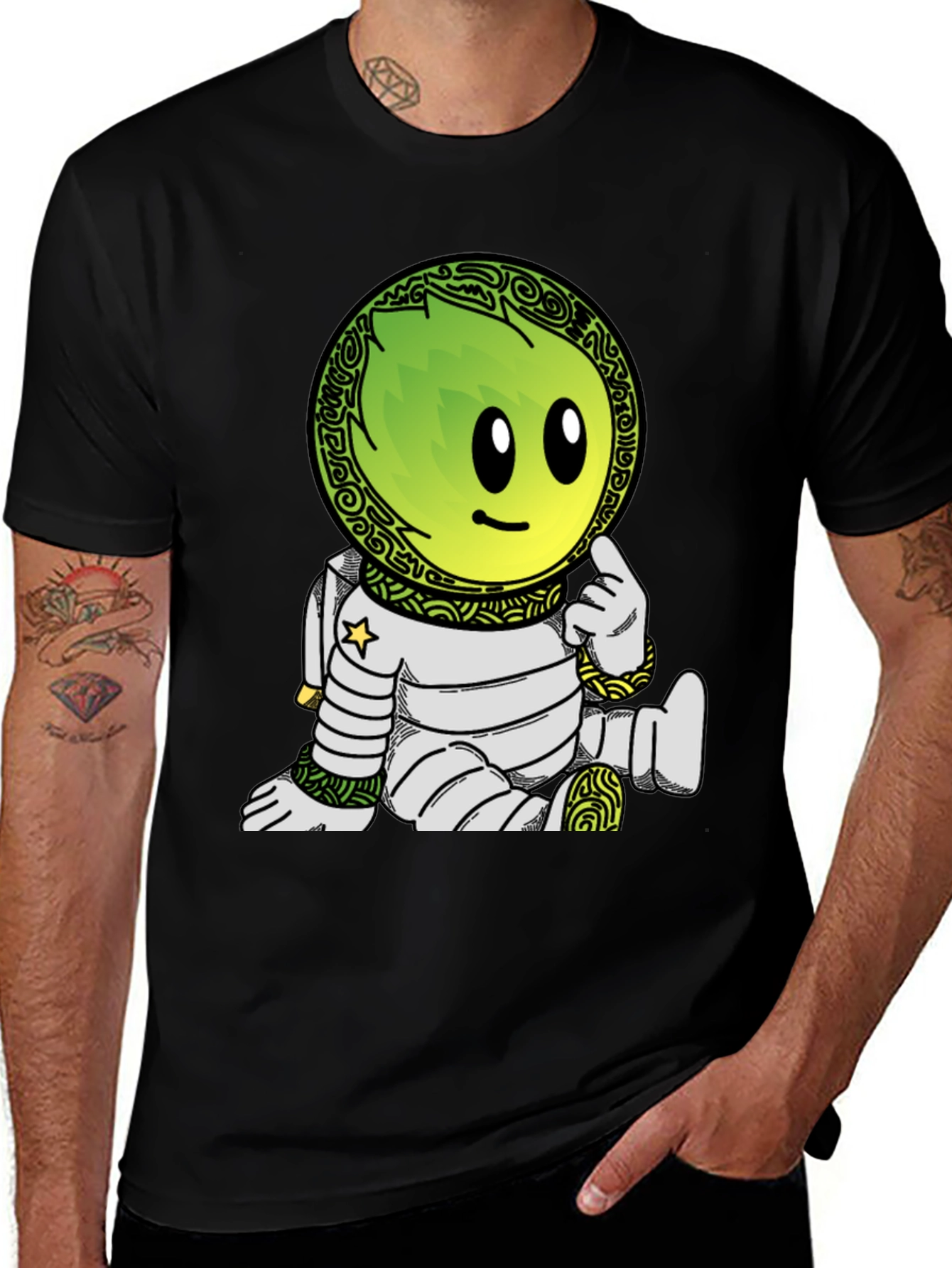 Astronaut Cartoon Graphic Print T-Shirt - Black