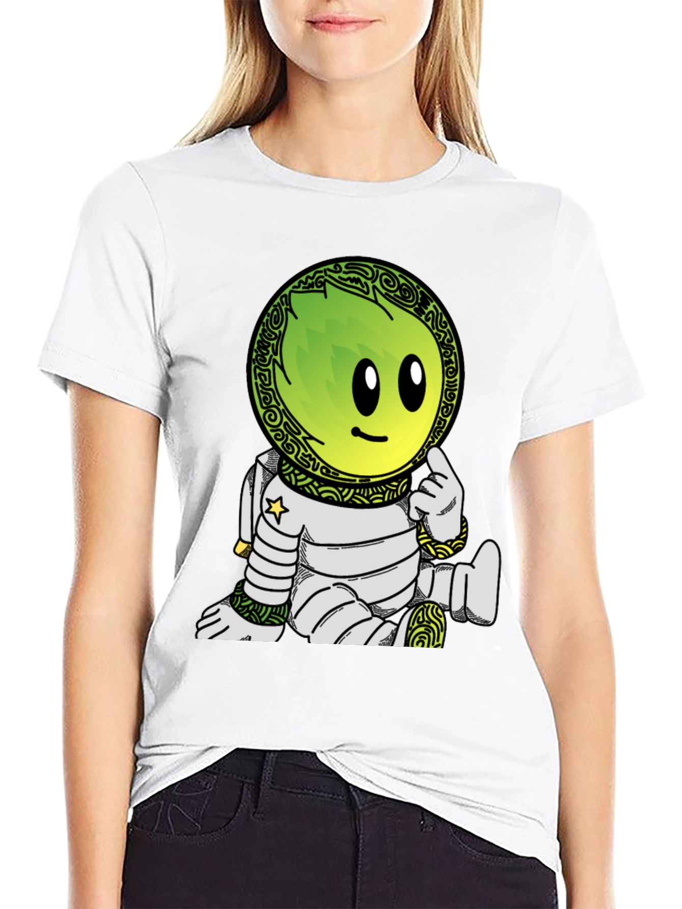 Astronaut Cartoon Graphic Print T-Shirt - Black