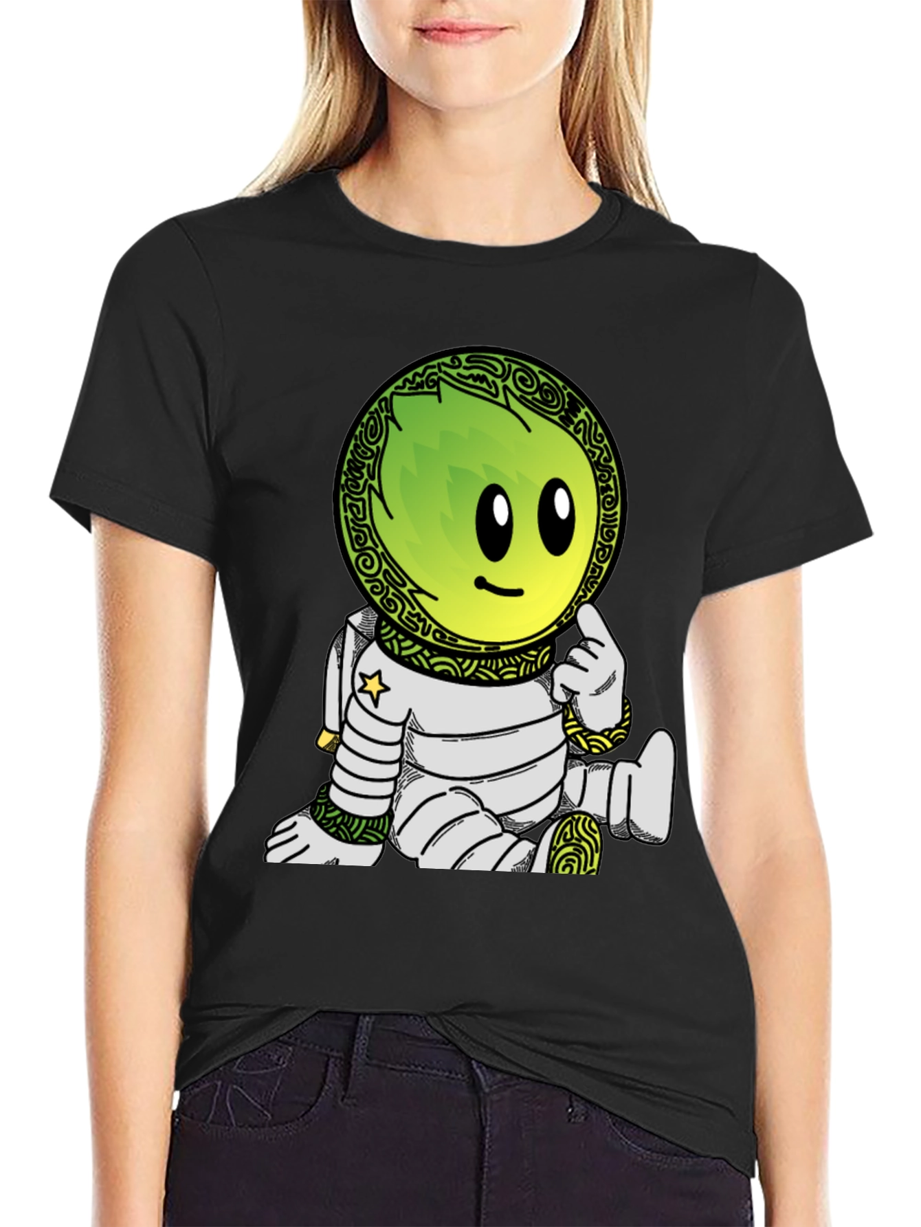 Astronaut Cartoon Graphic Print T-Shirt - Black