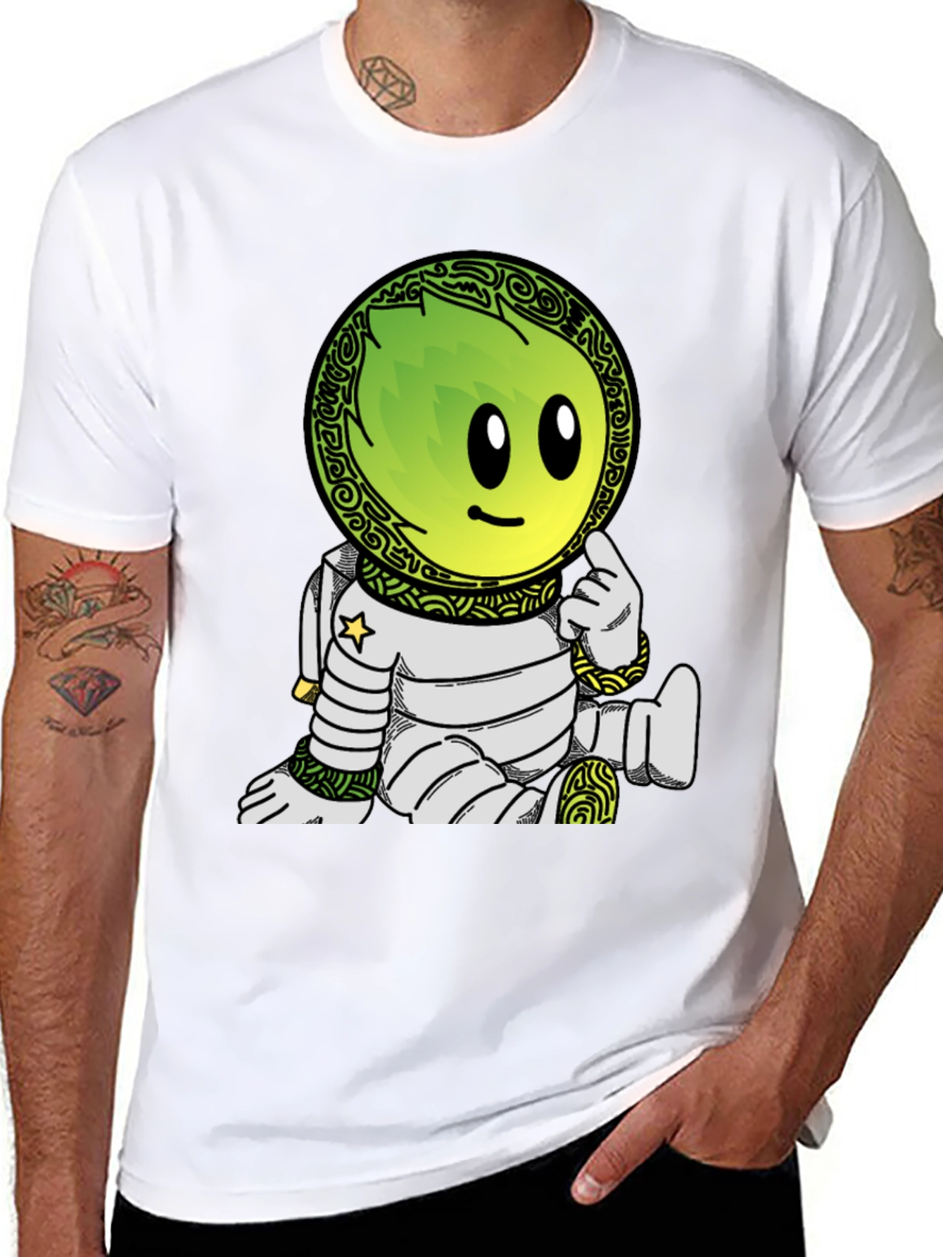 Astronaut Cartoon Graphic Print T-Shirt - Black