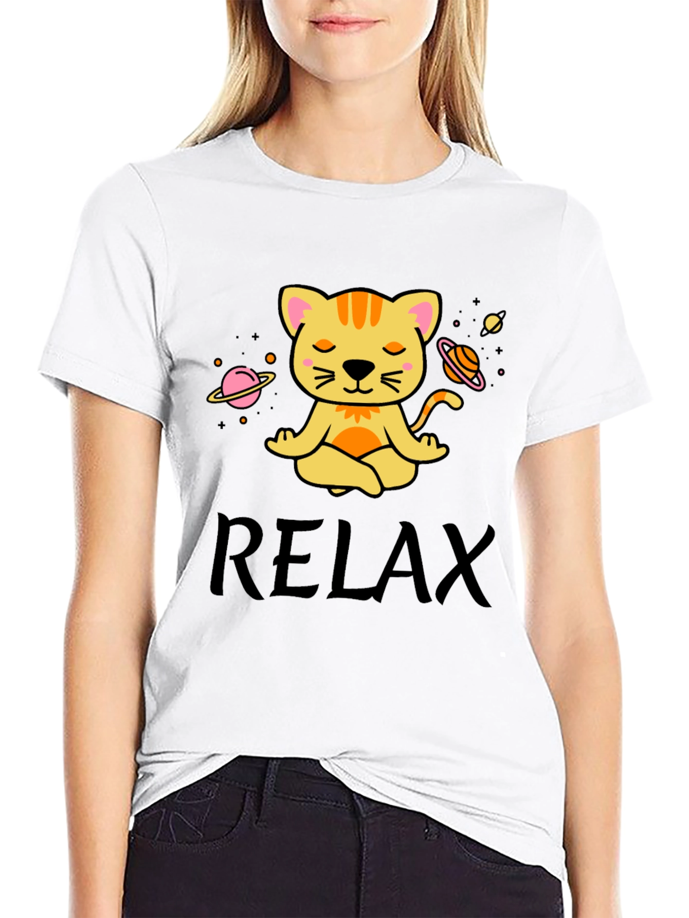Relaxing Space Cat T-Shirt - Meditating Feline Tee