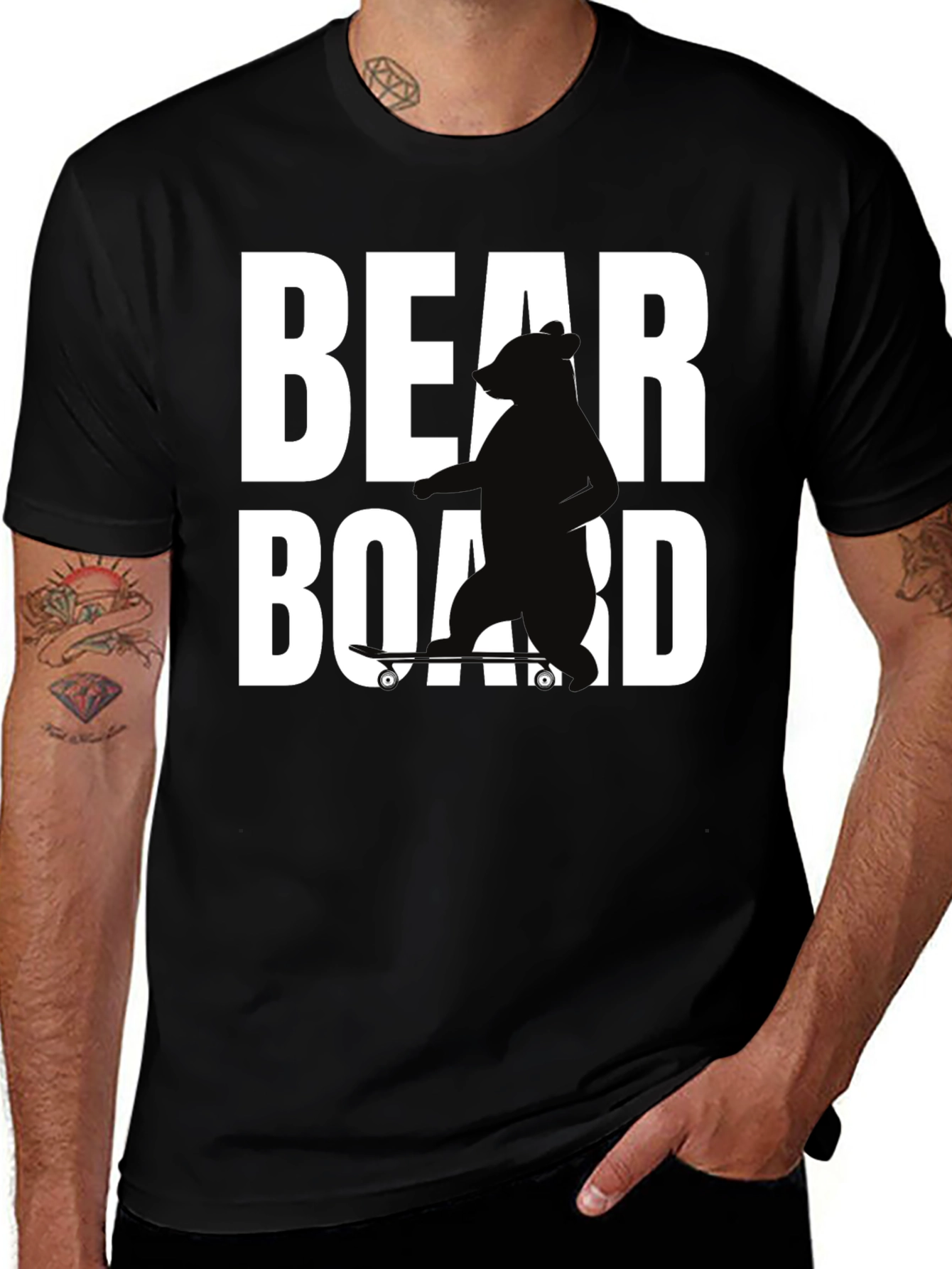 Bear on Skateboard Graphic Tee - Black Cotton T-Shirt