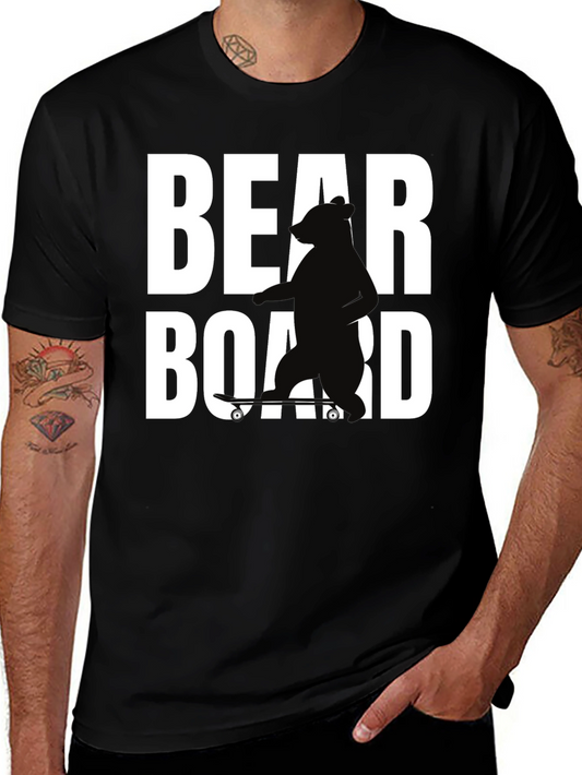 Bear on Skateboard Graphic Tee - Black Cotton T-Shirt
