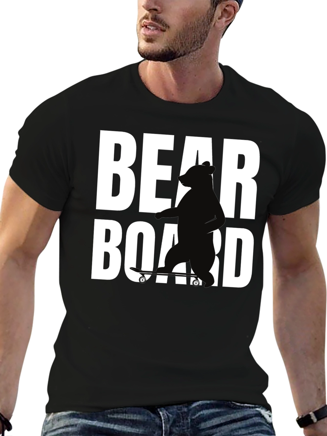 Bear on Skateboard Graphic Tee - Black Cotton T-Shirt