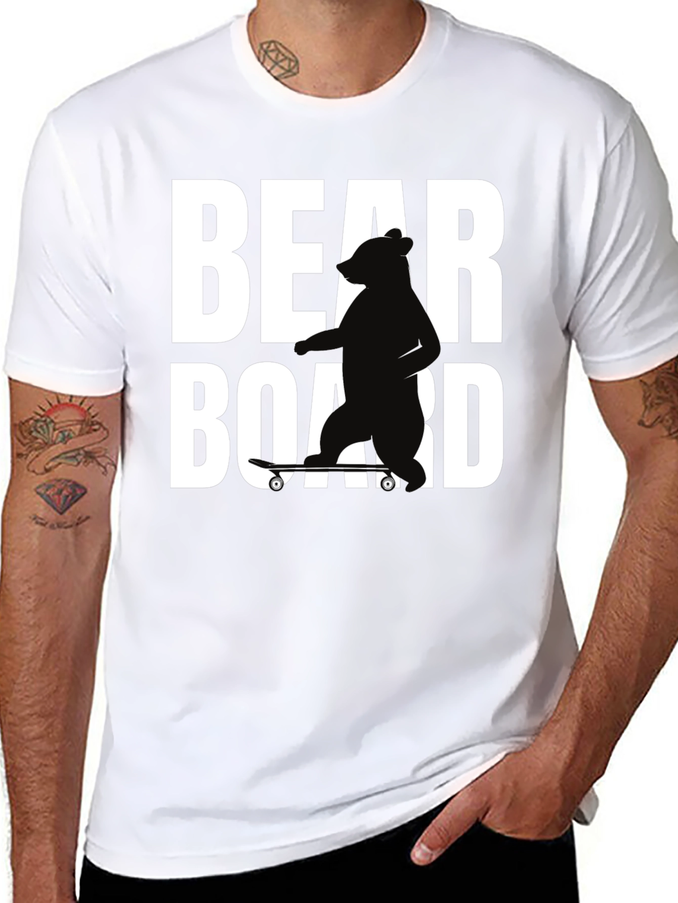 Bear on Skateboard Graphic Tee - Black Cotton T-Shirt