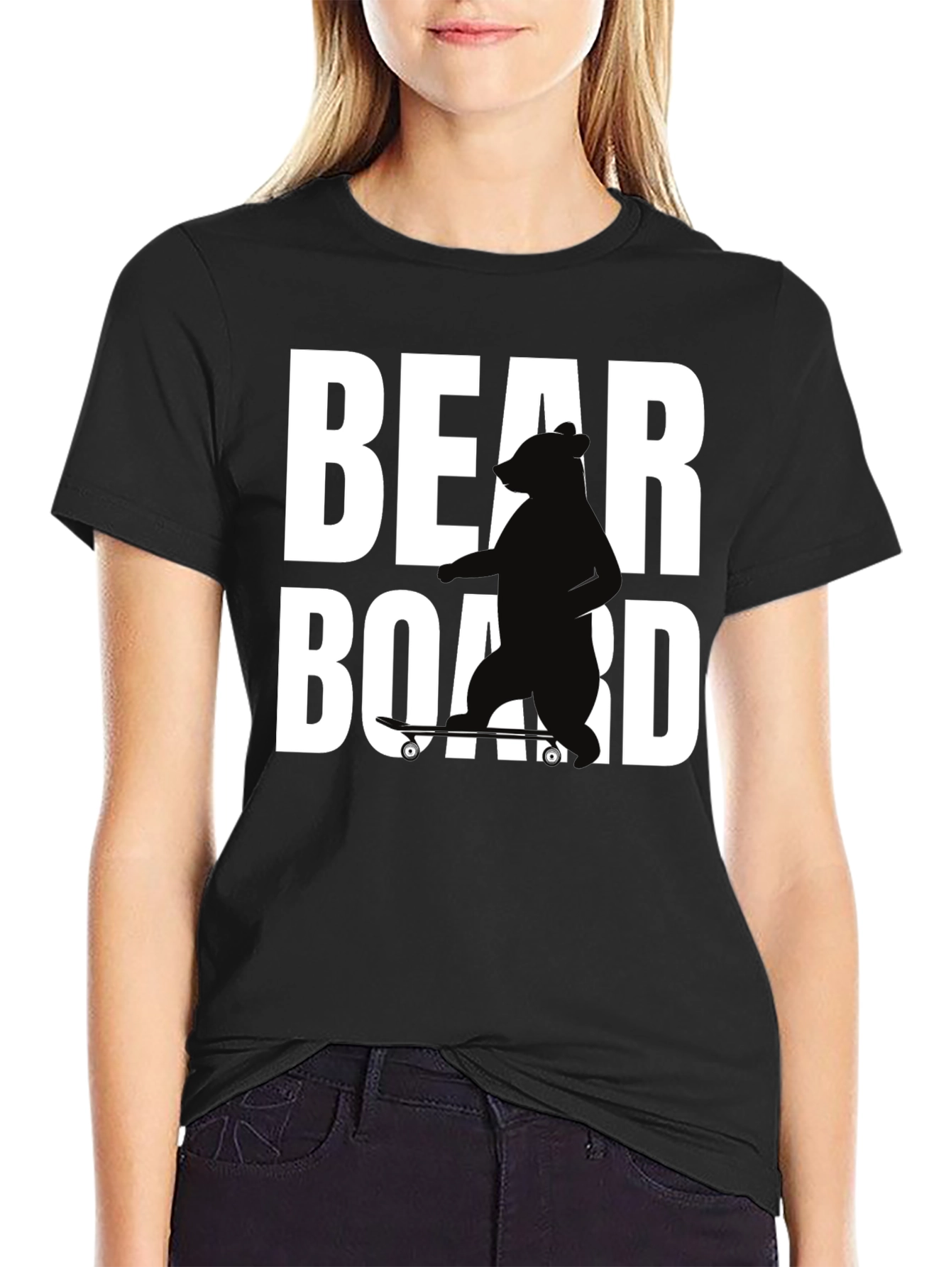 Bear on Skateboard Graphic Tee - Black Cotton T-Shirt