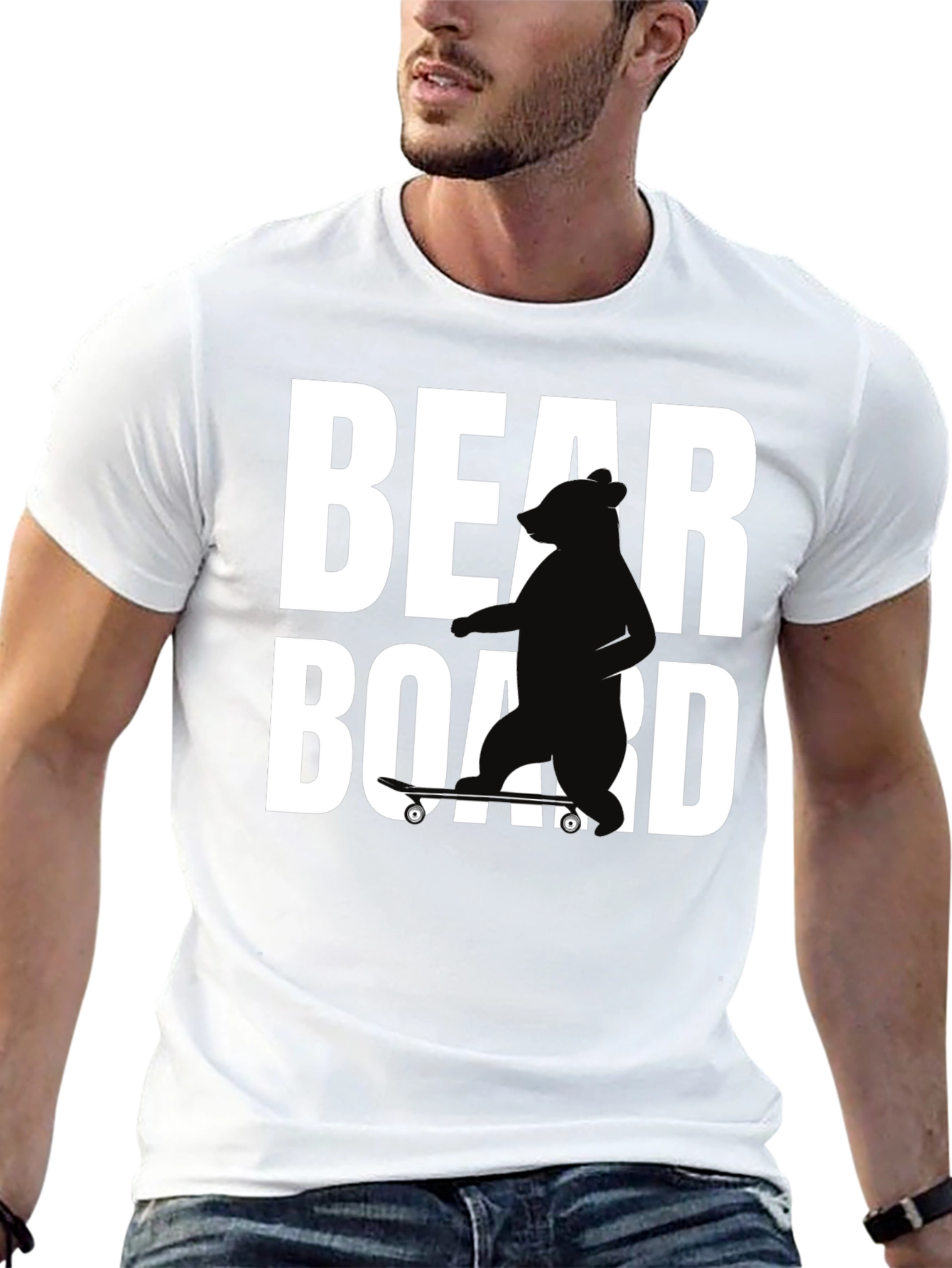 Bear on Skateboard Graphic Tee - Black Cotton T-Shirt