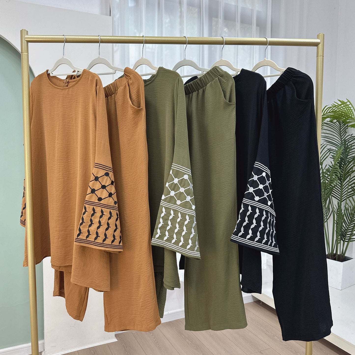 Turkey Embroidery Top Wide Leg Pants 2 Piece Set