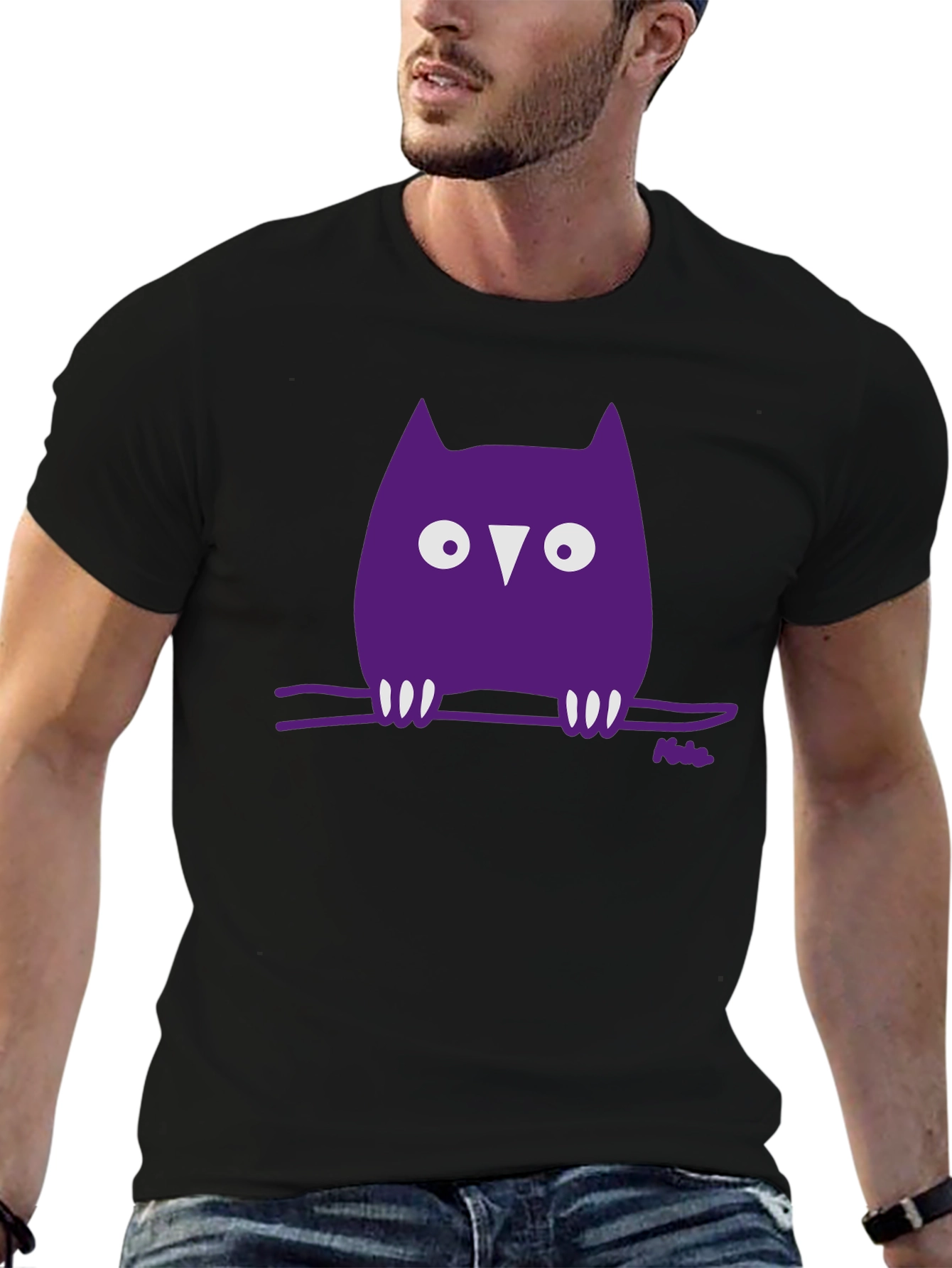 Whimsical Owl Graphic Tee - Black Cotton Blend