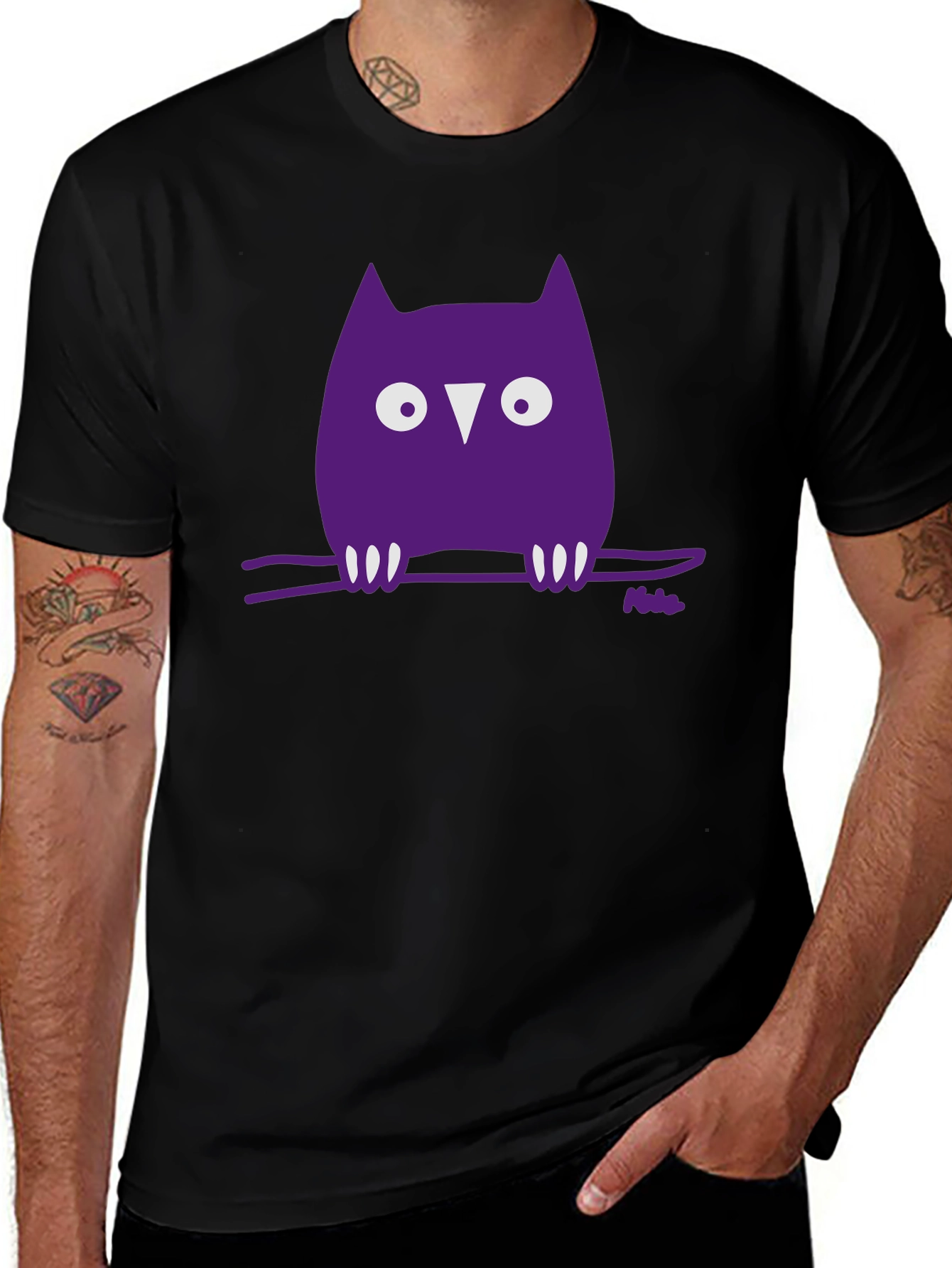Whimsical Owl Graphic Tee - Black Cotton Blend