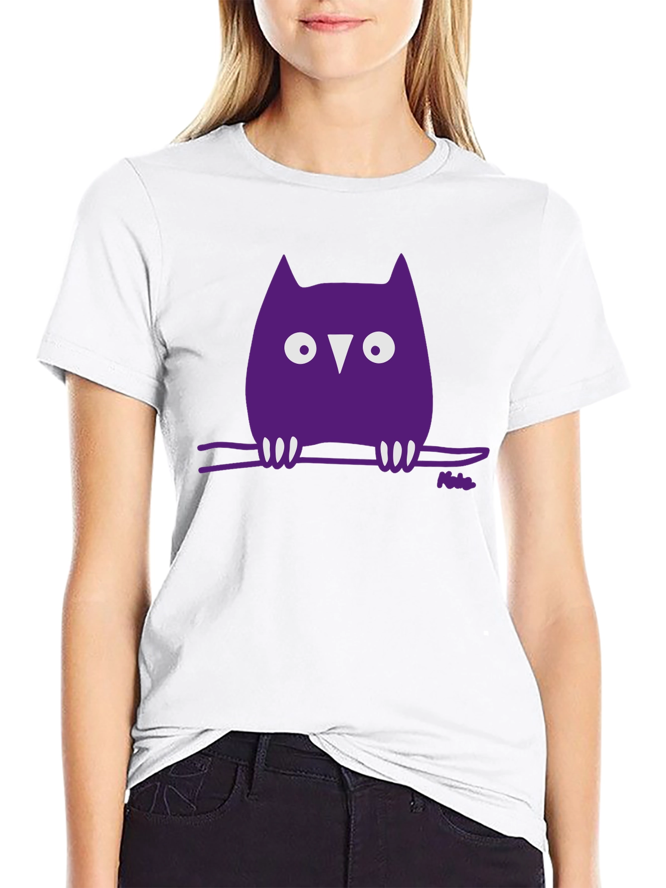Whimsical Owl Graphic Tee - Black Cotton Blend