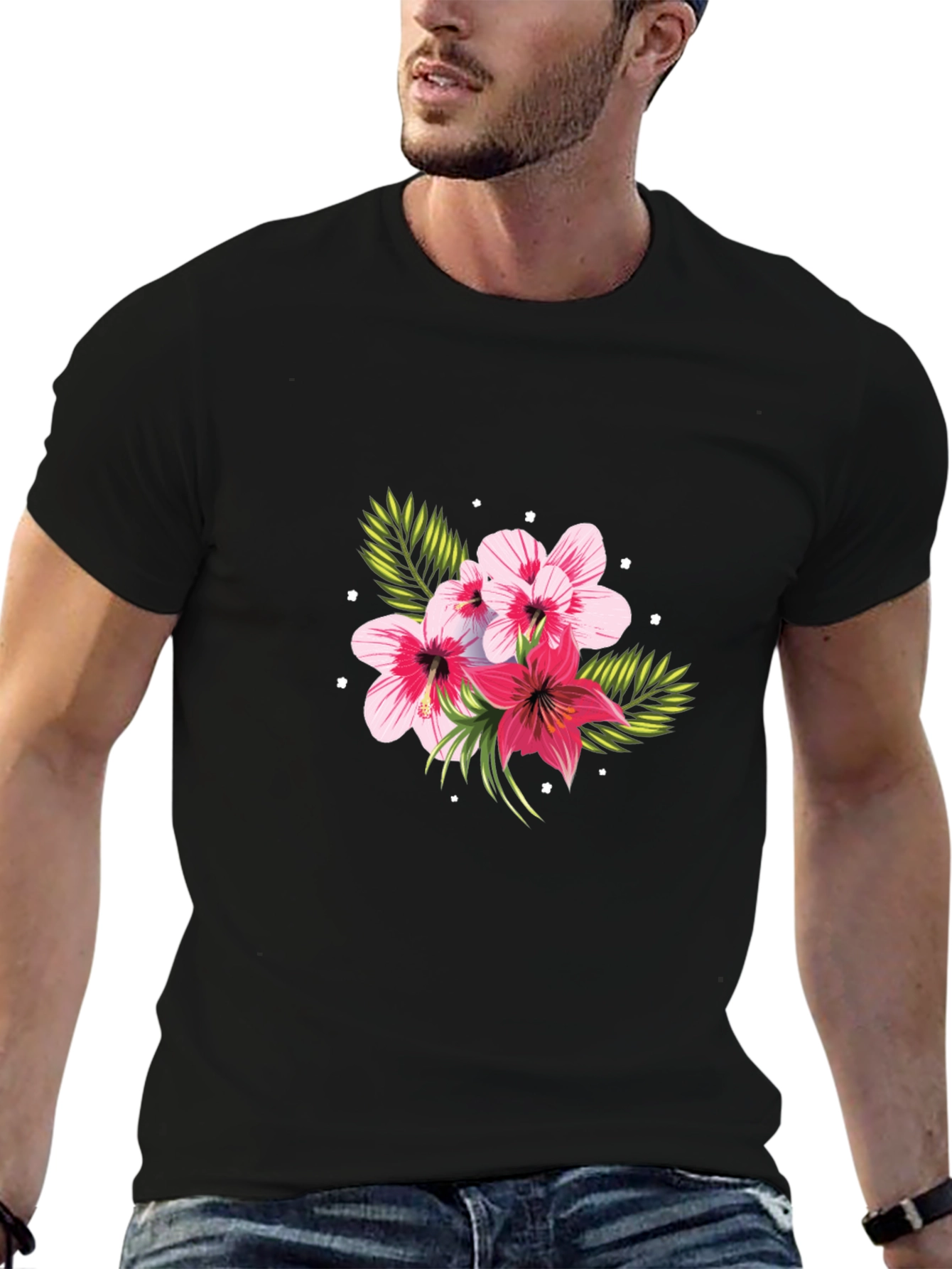 Floral Print Black T-Shirt - Tropical Hibiscus Design