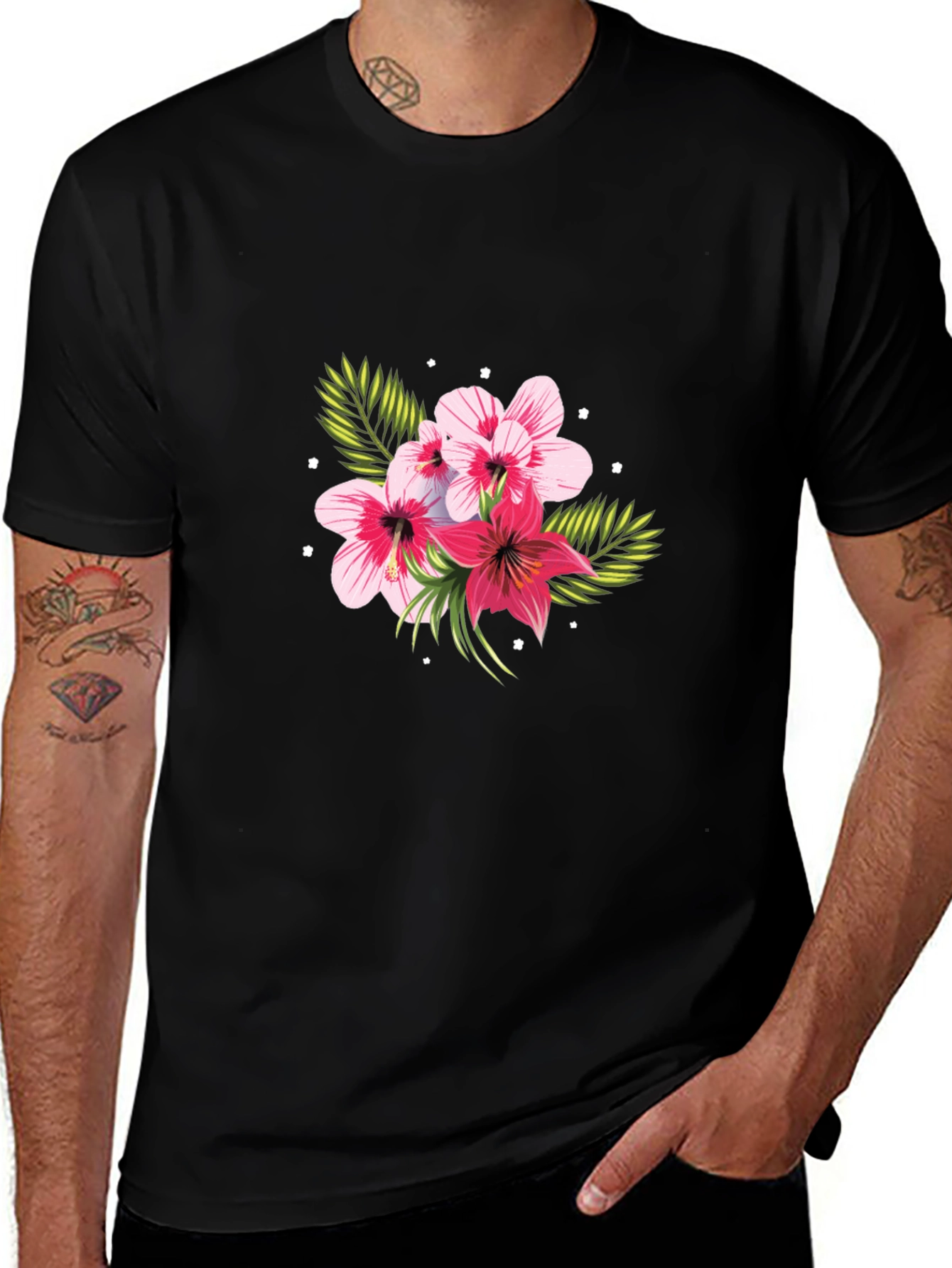 Floral Print Black T-Shirt - Tropical Hibiscus Design