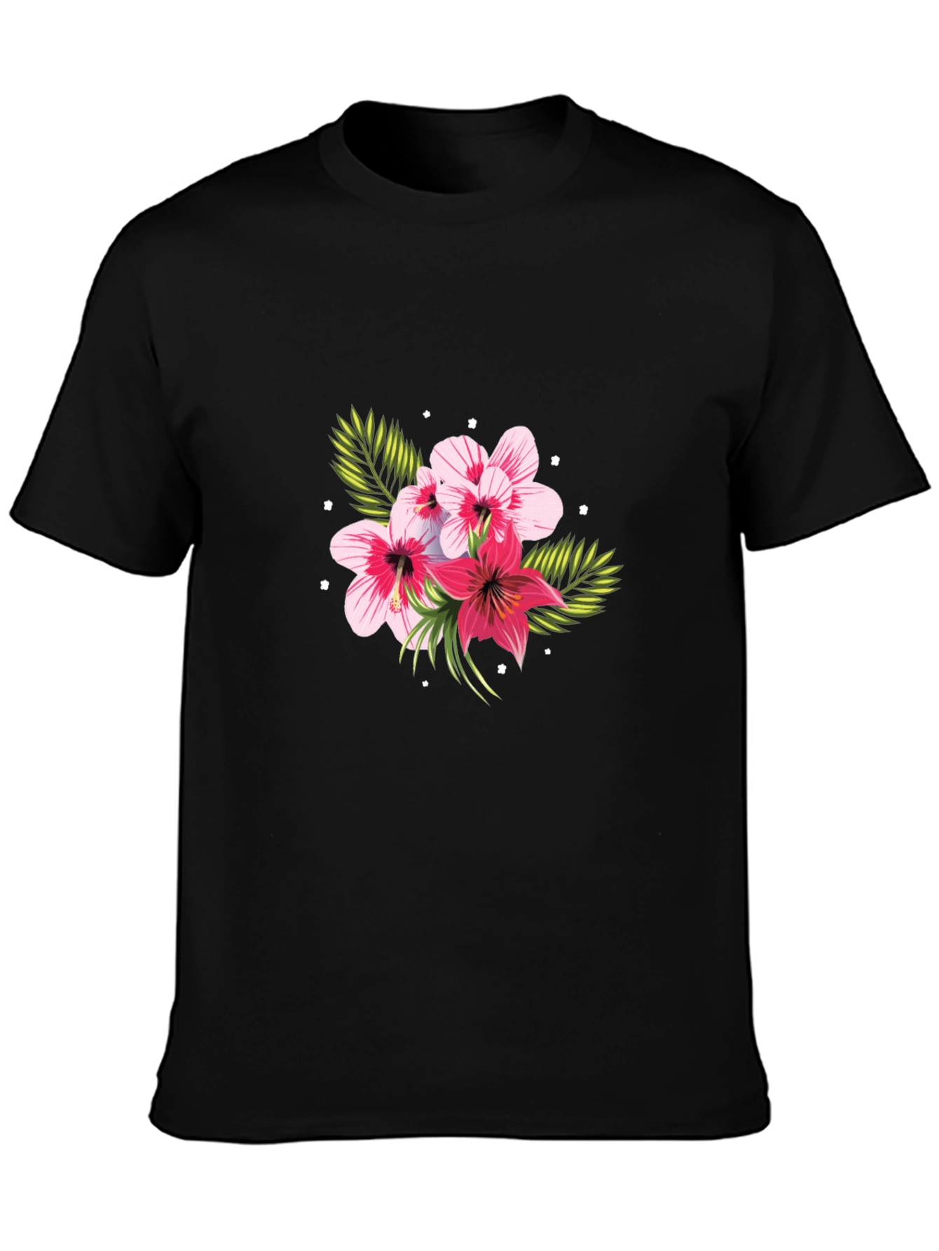 Floral Print Black T-Shirt - Tropical Hibiscus Design
