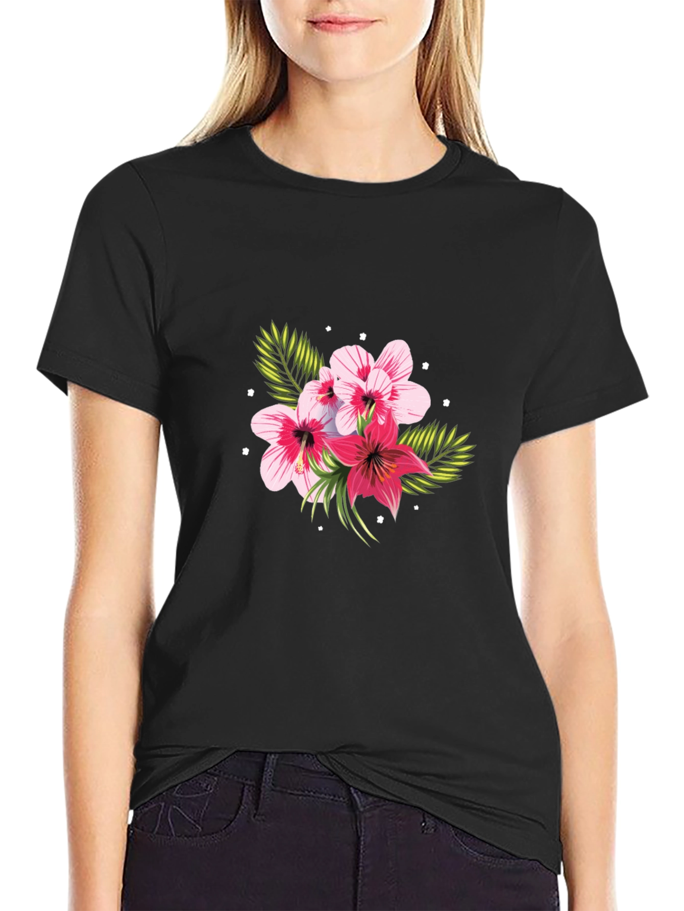 Floral Print Black T-Shirt - Tropical Hibiscus Design