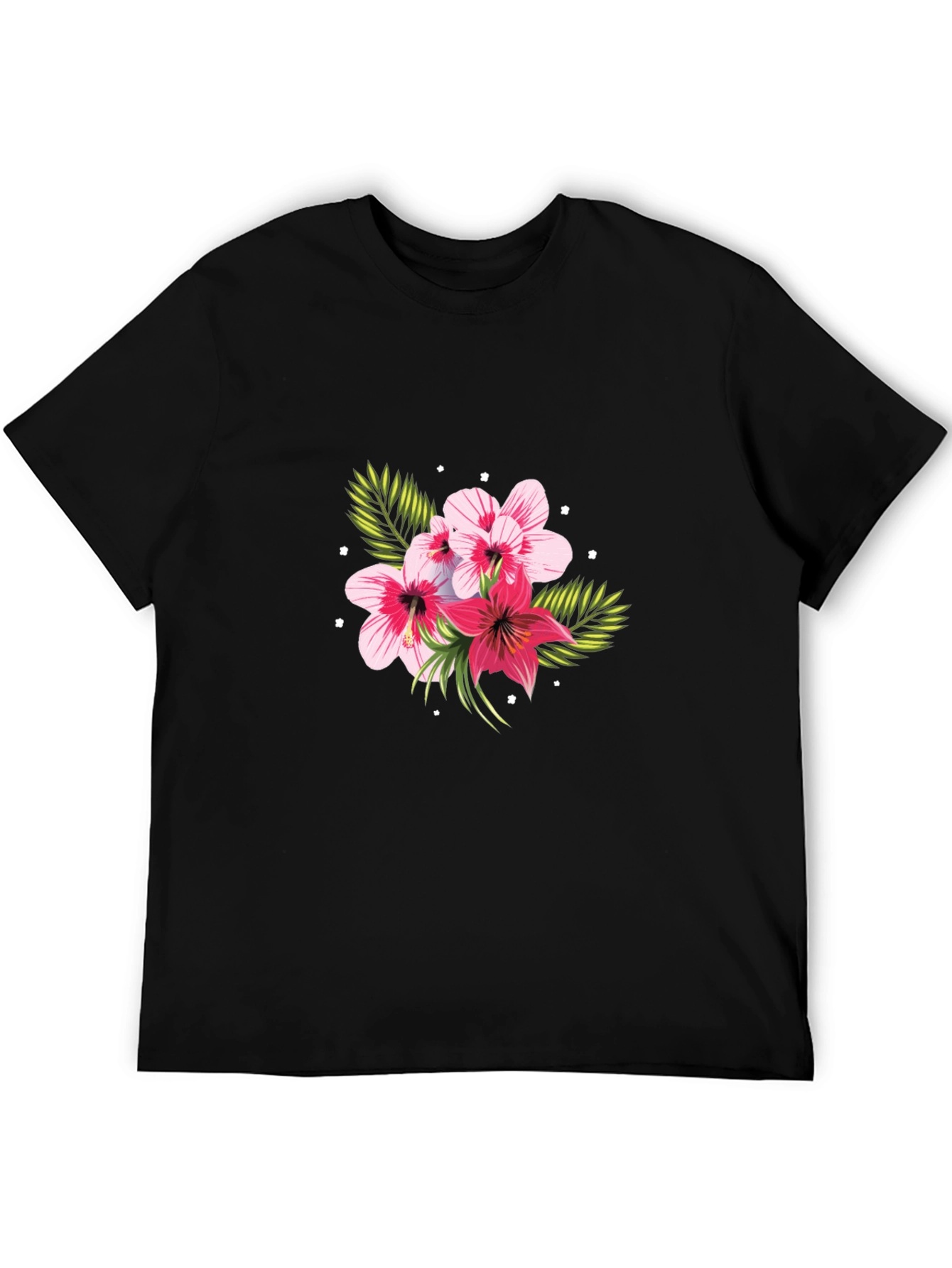 Floral Print Black T-Shirt - Tropical Hibiscus Design