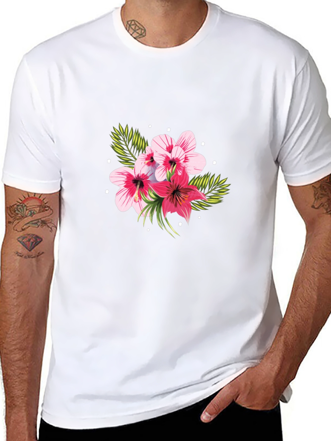 Floral Print Black T-Shirt - Tropical Hibiscus Design