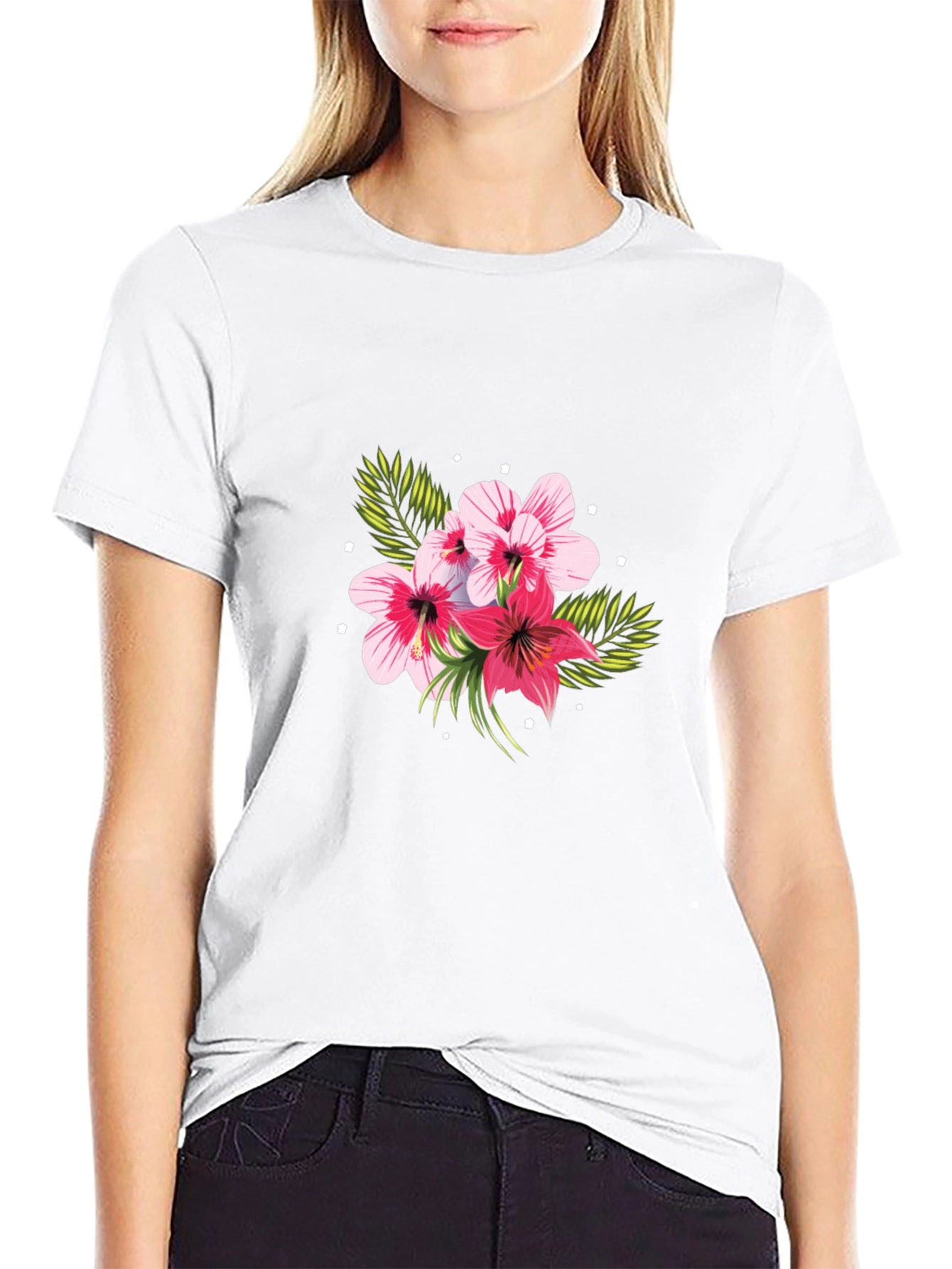 Floral Print Black T-Shirt - Tropical Hibiscus Design