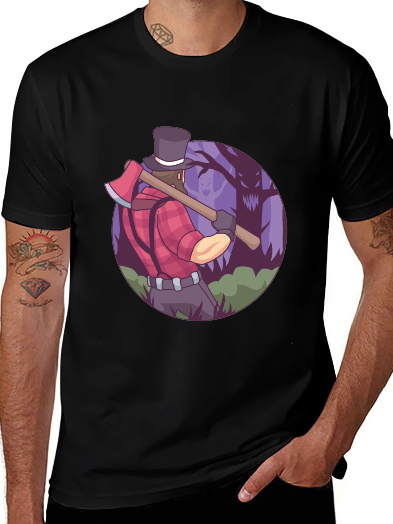 Lumberjack T-Shirt - Axe & Spooky Forest Design