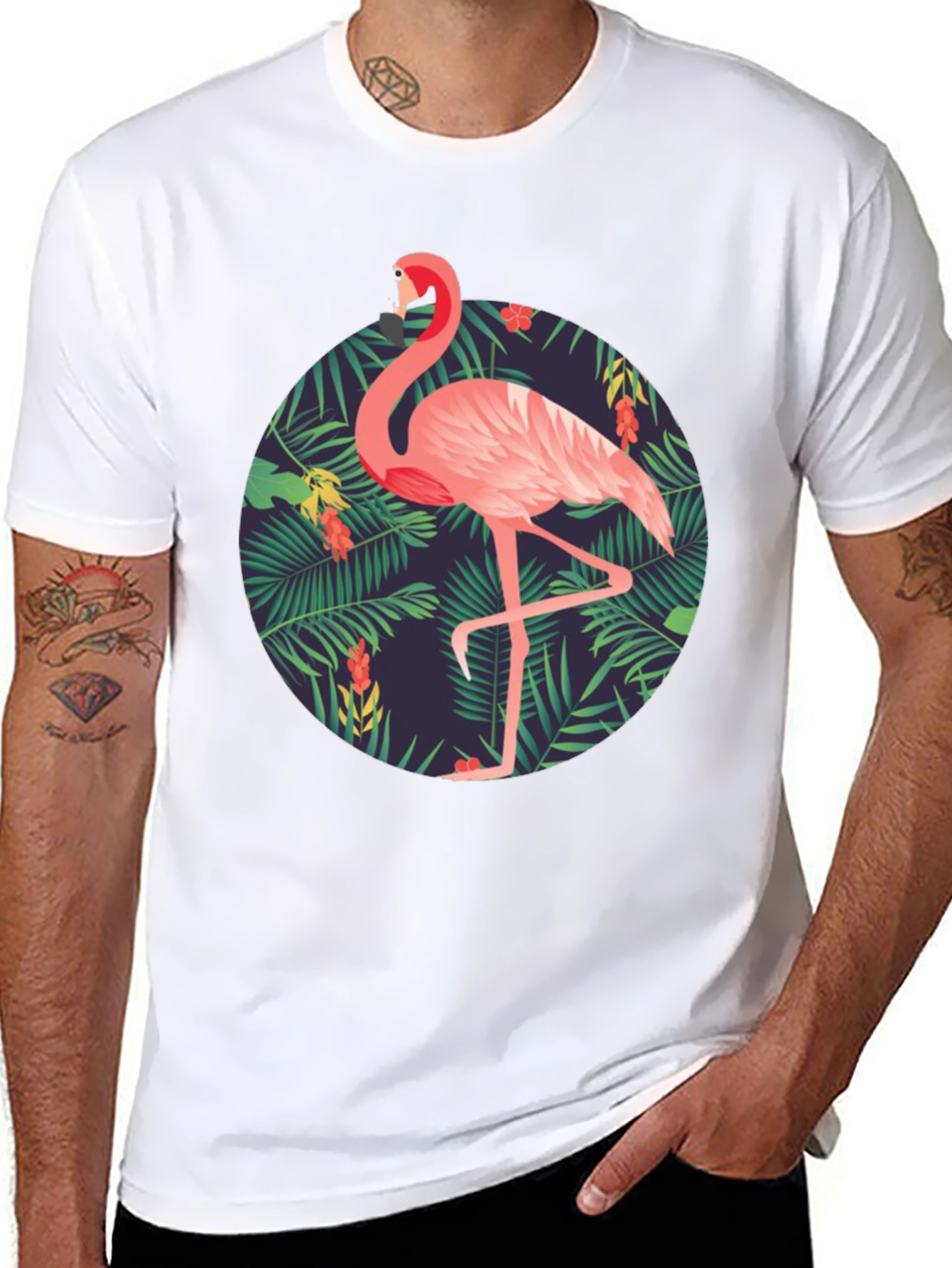 Tropical Flamingo Graphic Tee - Mens Black T-Shirt