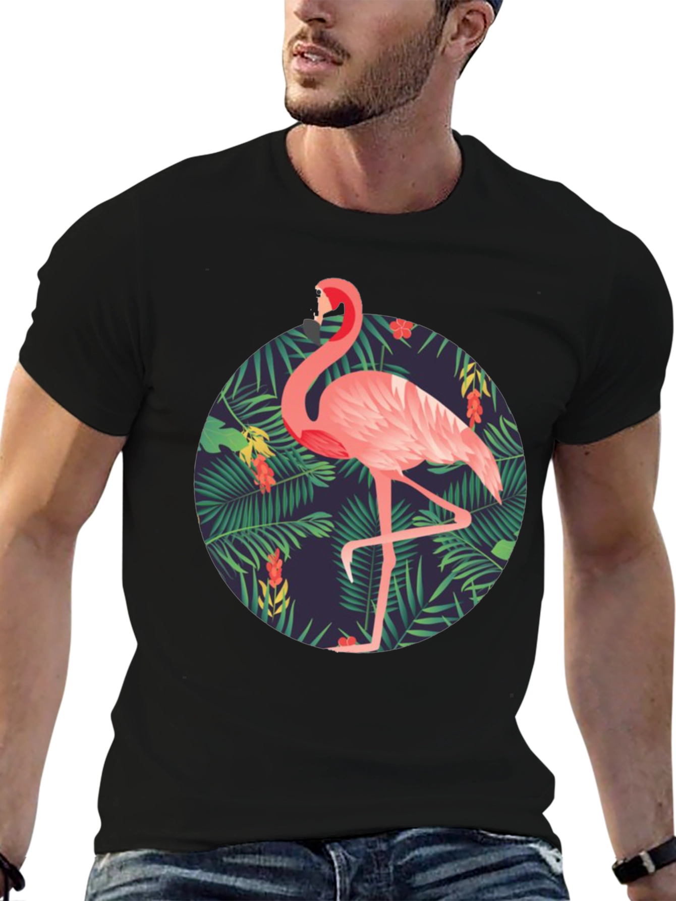 Tropical Flamingo Graphic Tee - Mens Black T-Shirt