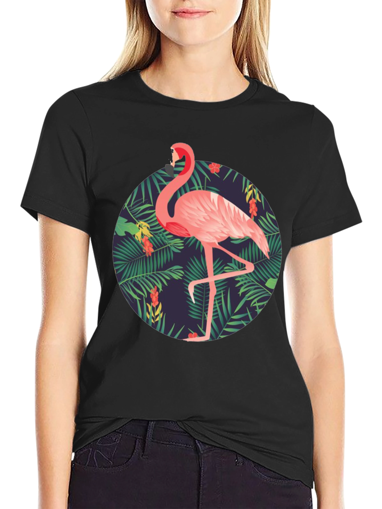 Tropical Flamingo Graphic Tee - Mens Black T-Shirt