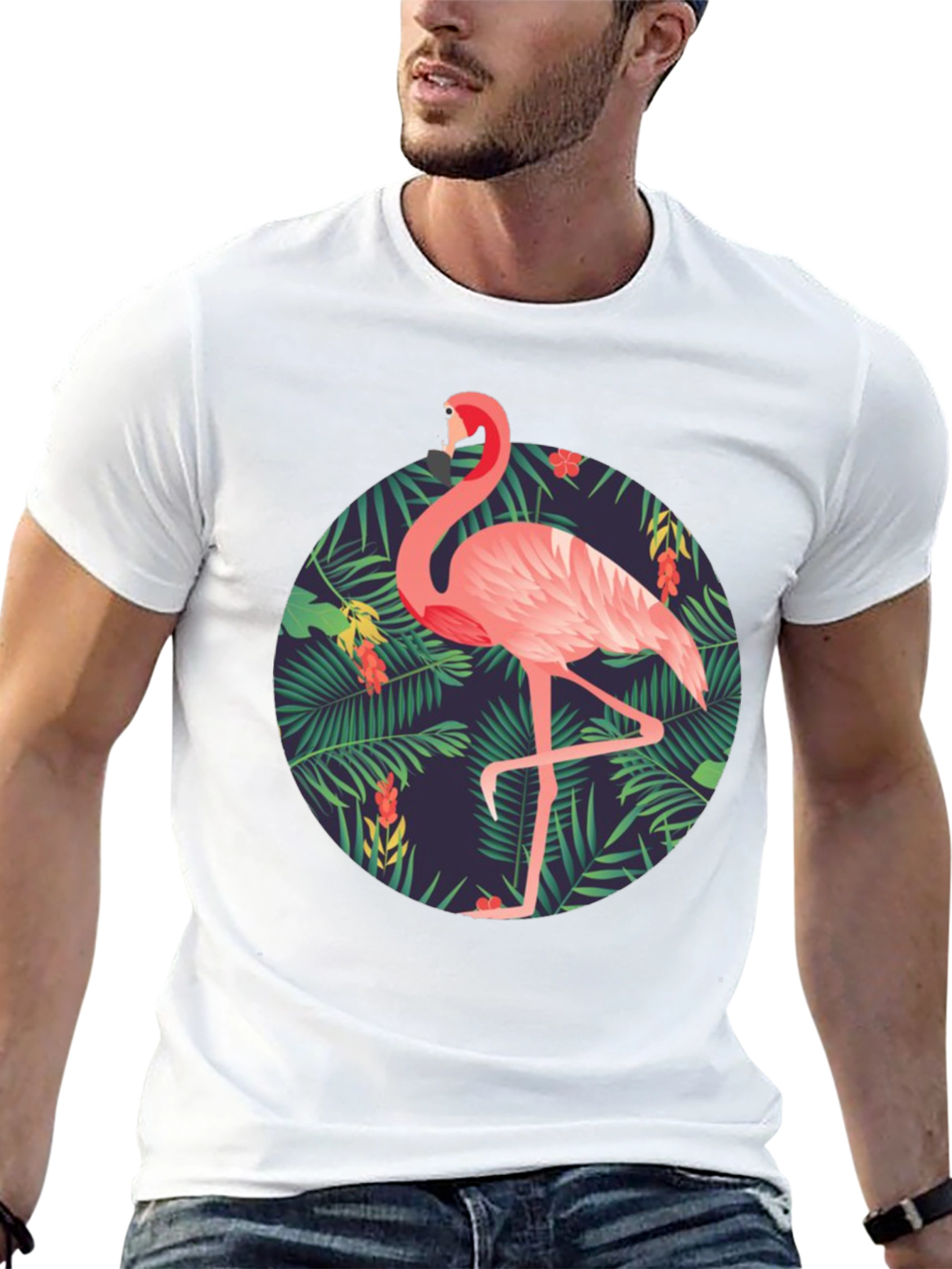 Tropical Flamingo Graphic Tee - Mens Black T-Shirt