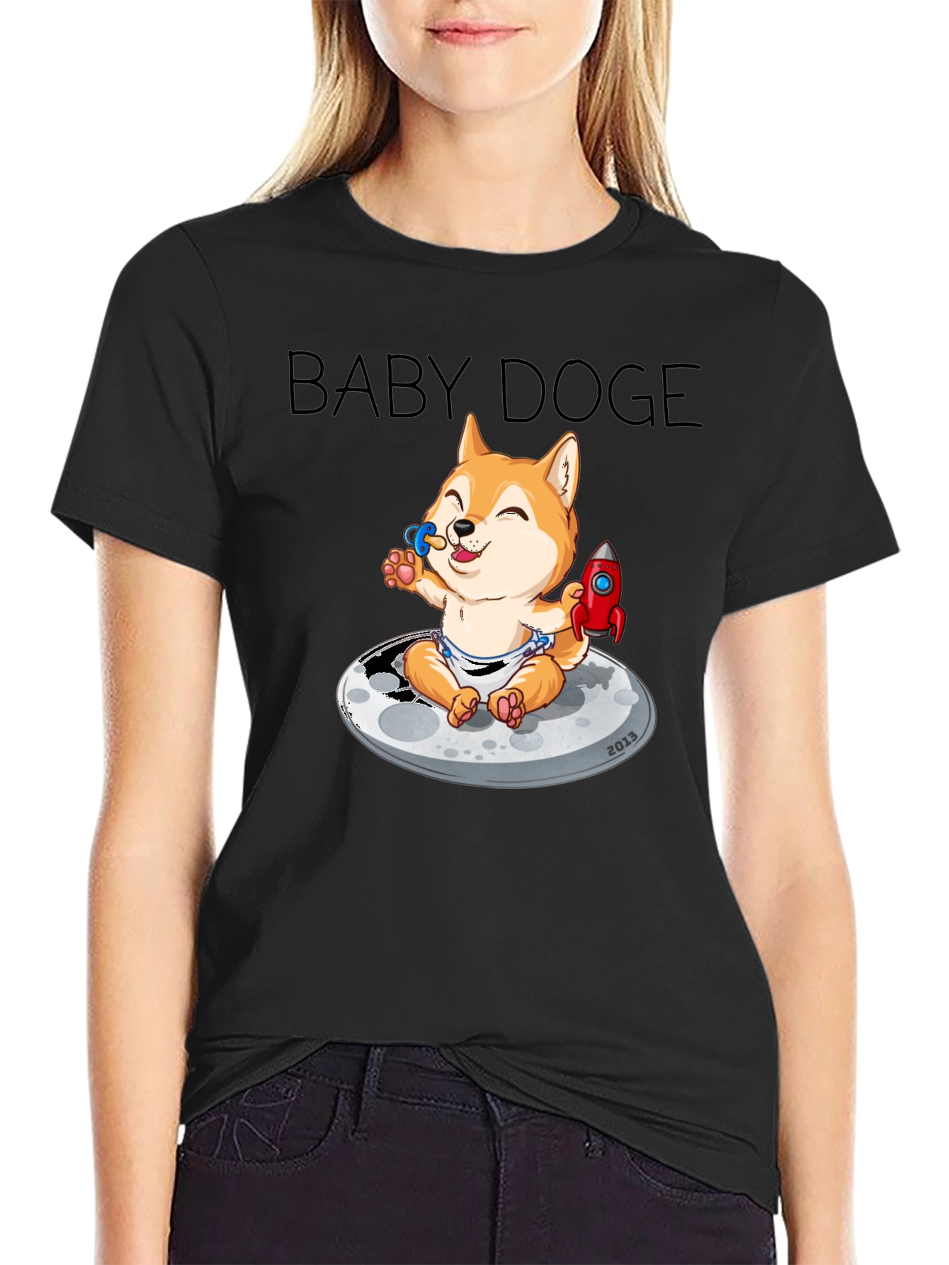 Baby Doge on the Moon Black Graphic Tee