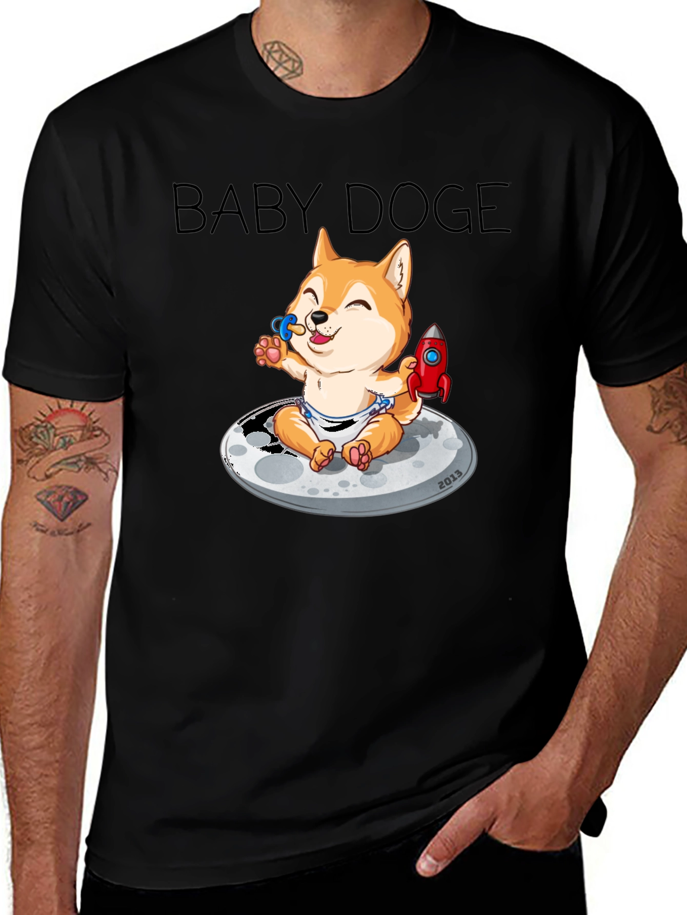 Baby Doge on the Moon Black Graphic Tee